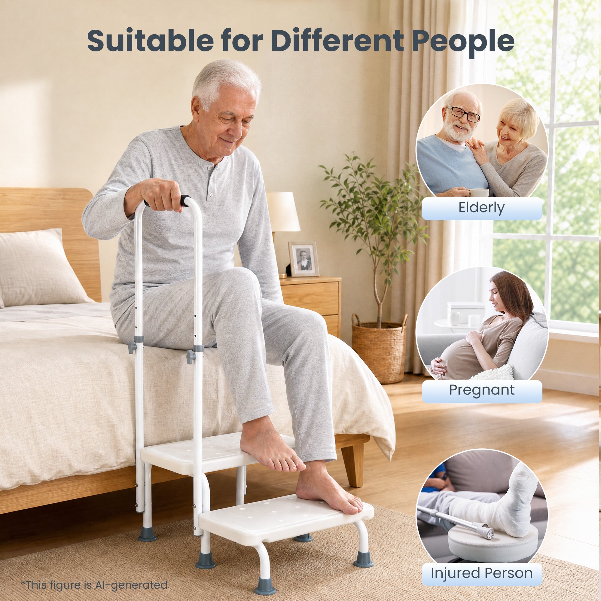 Naipo Medical 2 Step Stool with Handle for Seniors,bedside Stair Stool with Adjustable Handrail and Non-Skid Platform,Holds up to 300 lbs for Kitchen,RV,Car,Bathtub - NAIPO