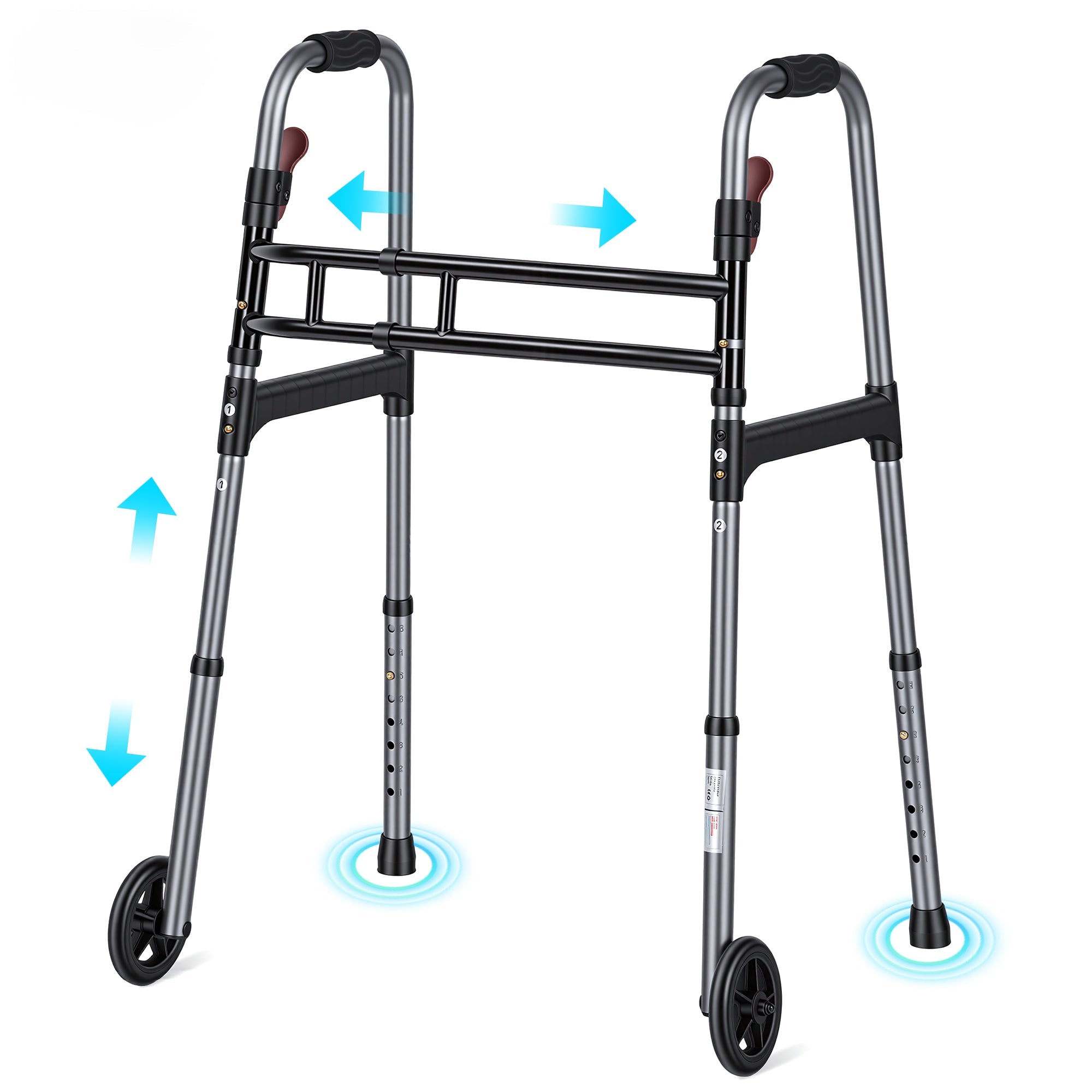 Naipo Medical Double Crossbar Folding Walker for Seniors and Adults, Lightweight 3-in-1 Aluminum Walker with Wheels, Adjustable Height & Width, Supports Up to 300 lbs - NAIPO