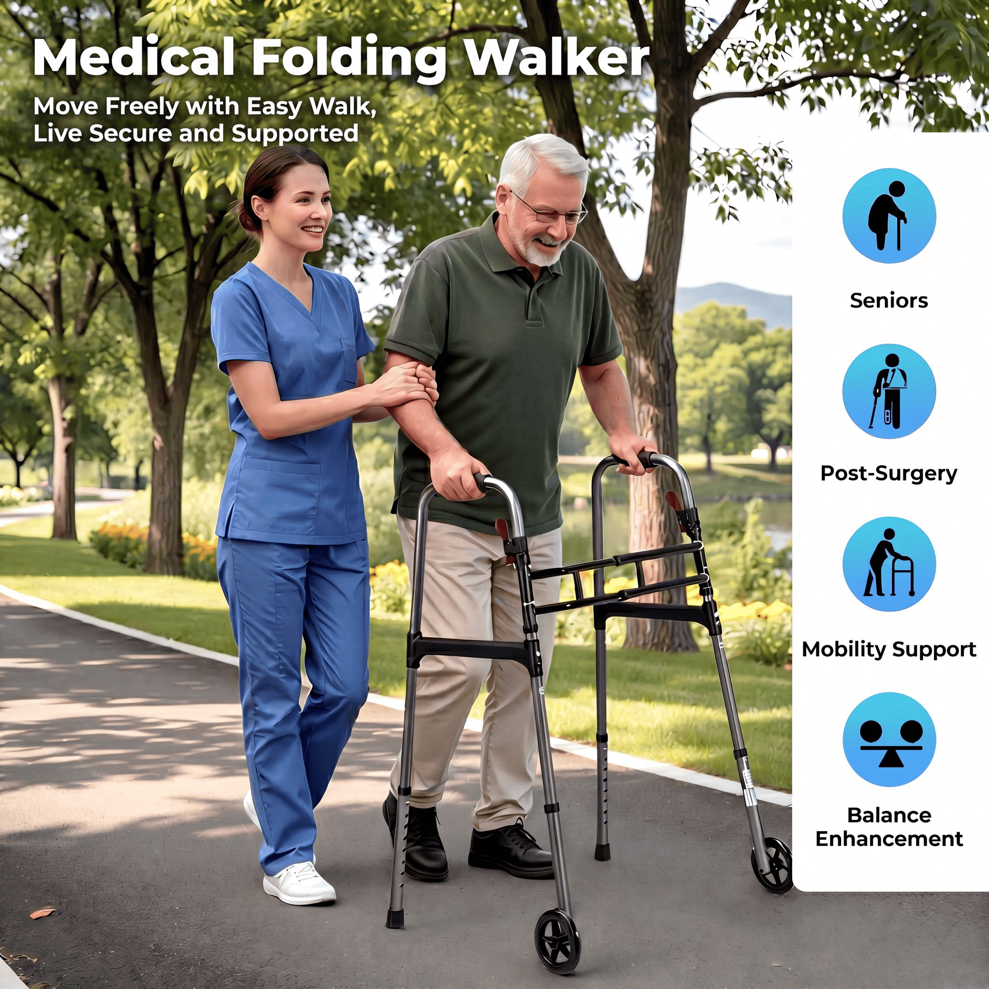 Naipo Medical Double Crossbar Folding Walker for Seniors and Adults, Lightweight 3-in-1 Aluminum Walker with Wheels, Adjustable Height & Width, Supports Up to 300 lbs - NAIPO
