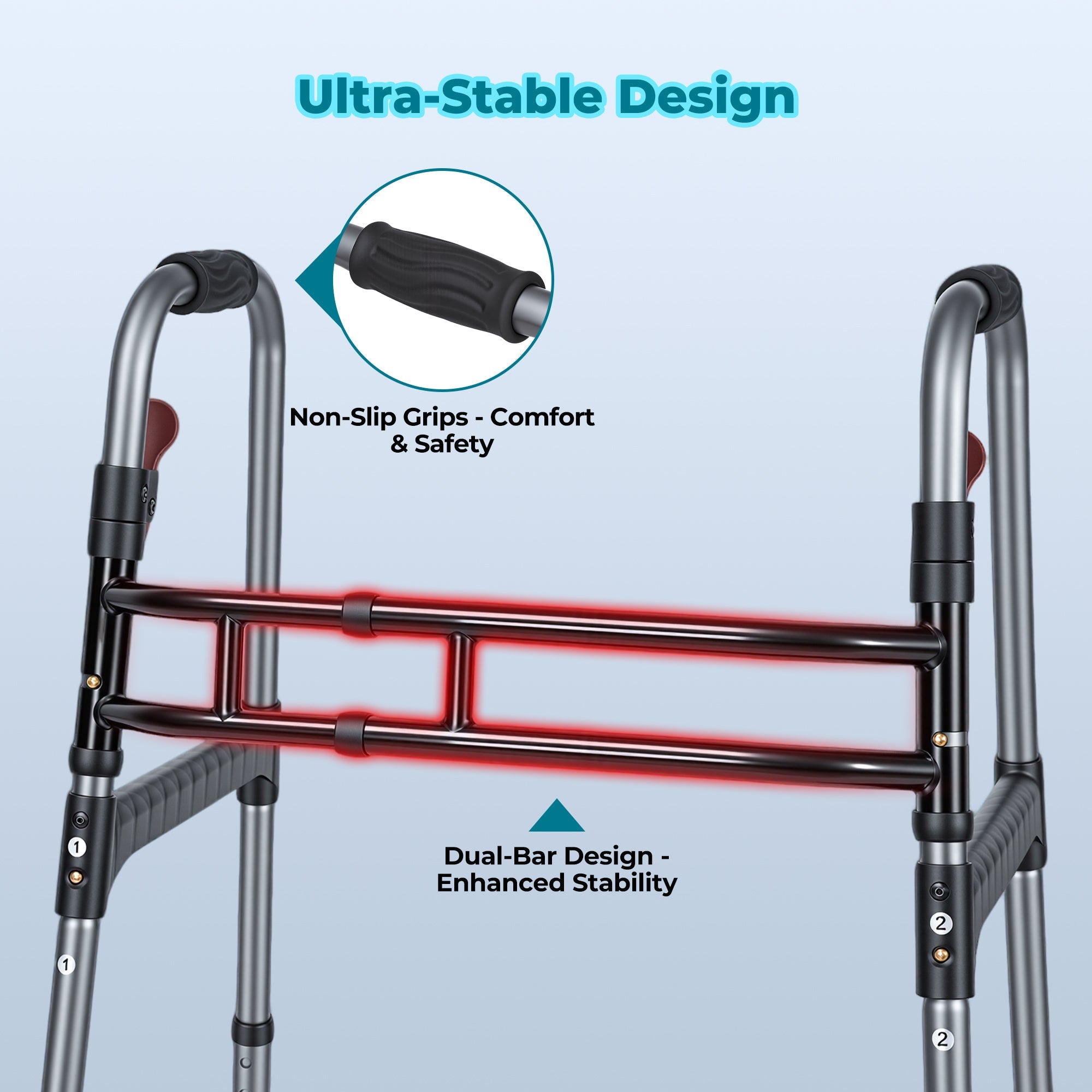 Naipo Medical Double Crossbar Folding Walker for Seniors and Adults, Lightweight 3-in-1 Aluminum Walker with Wheels, Adjustable Height & Width, Supports Up to 300 lbs - NAIPO