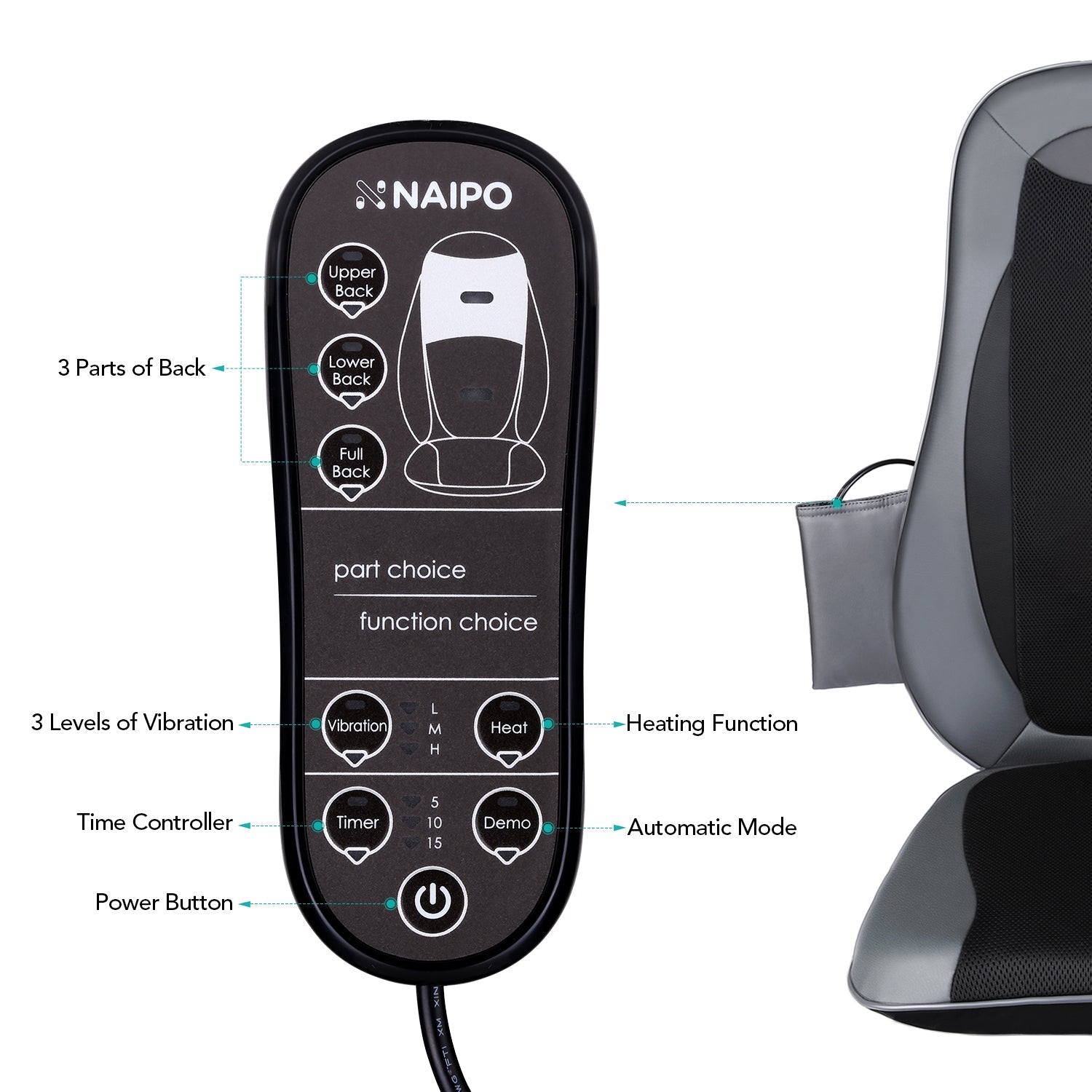 Naipo MGBK - 2606H Shiatsu Back Massager with Heat, Deep Kneading, Rolling and Vibration - NAIPO