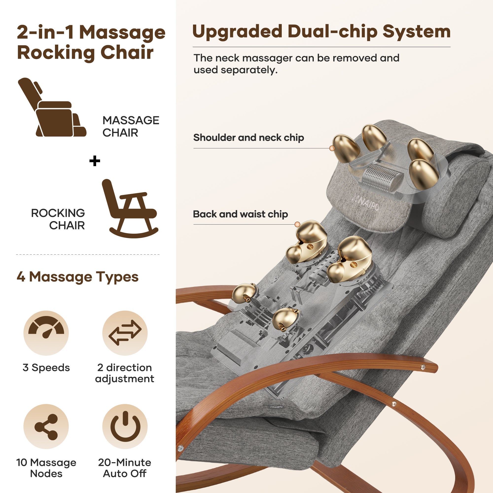 NAIPO MGC - 2300P Rocking Wooden Massage Chair - Christmas Gift for Him/Her - NAIPO