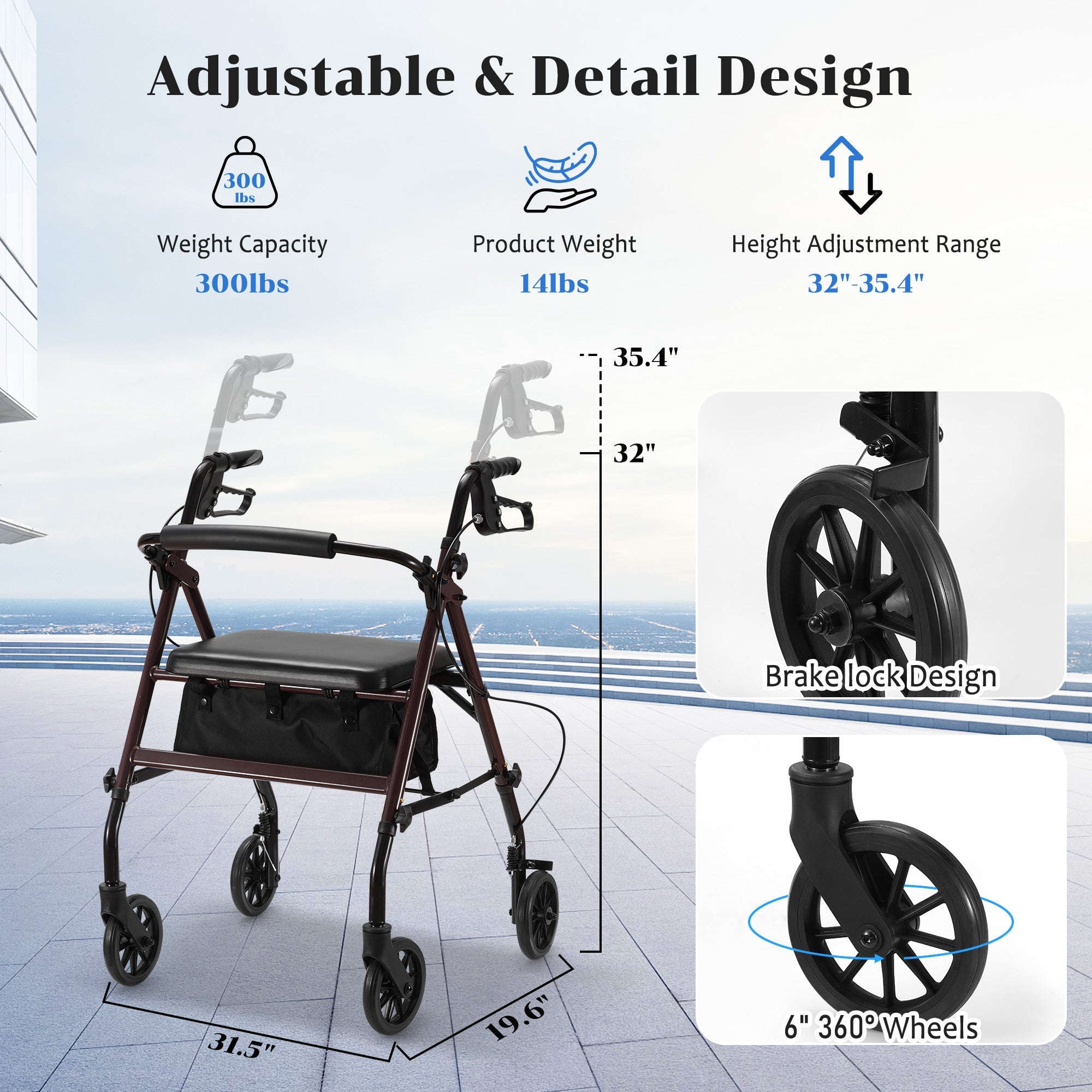 Naipo Mobility Rollator Walker for Seniors with Seat, Foldable Rolling Medical Walker with 6 inch Wheels, Aluminum Frame Supports Up to 300 lbs, Burgundy - NAIPO