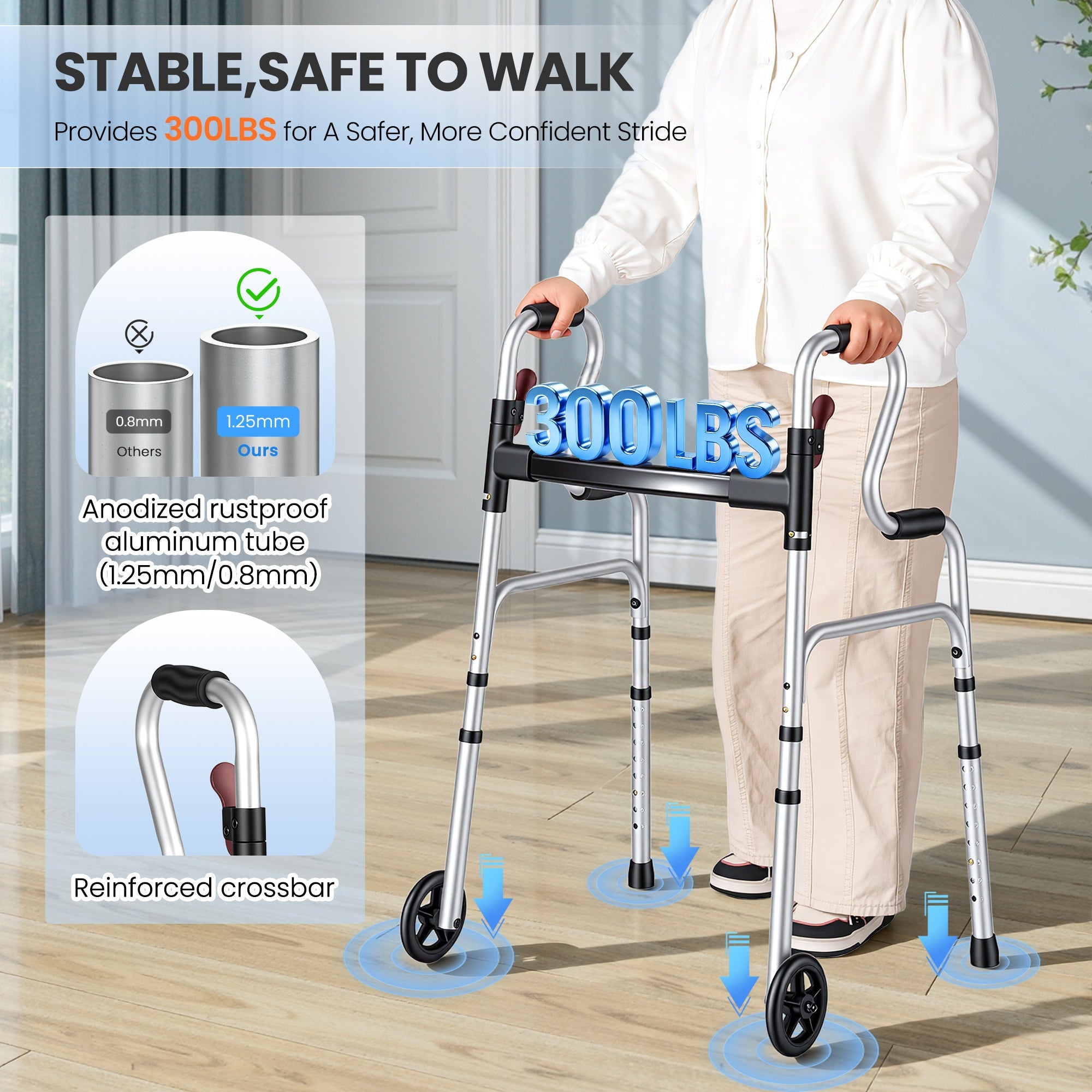 Naipo Narrow Folding Walker for Seniors 3 in 1 Folding Walker with 5 inches Front Wheels Width Adjustable Compact Standard Walker Support Up to 300lbs - NAIPO
