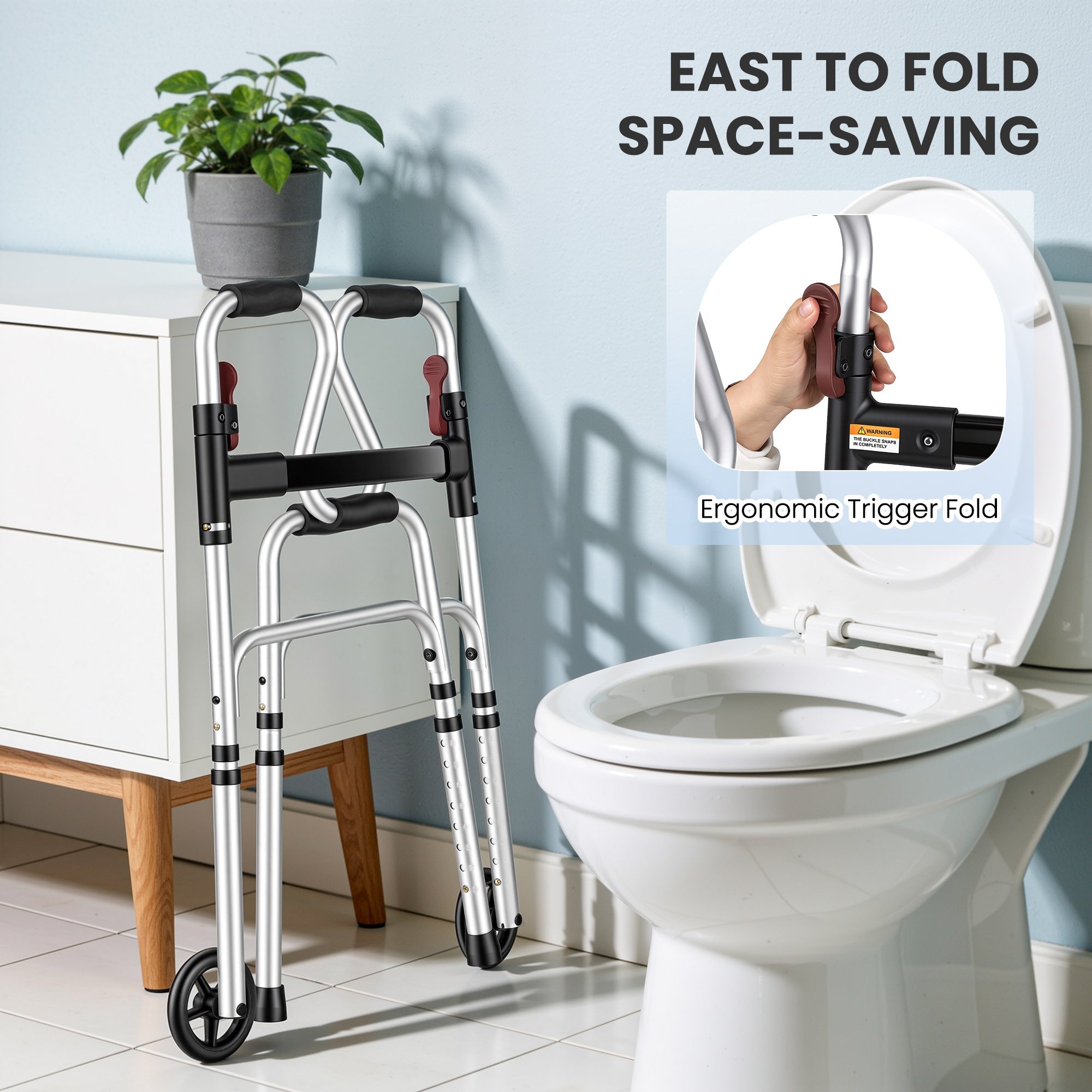 Naipo Narrow Folding Walker for Seniors 3 in 1 Folding Walker with 5 inches Front Wheels Width Adjustable Compact Standard Walker Support Up to 300lbs - NAIPO