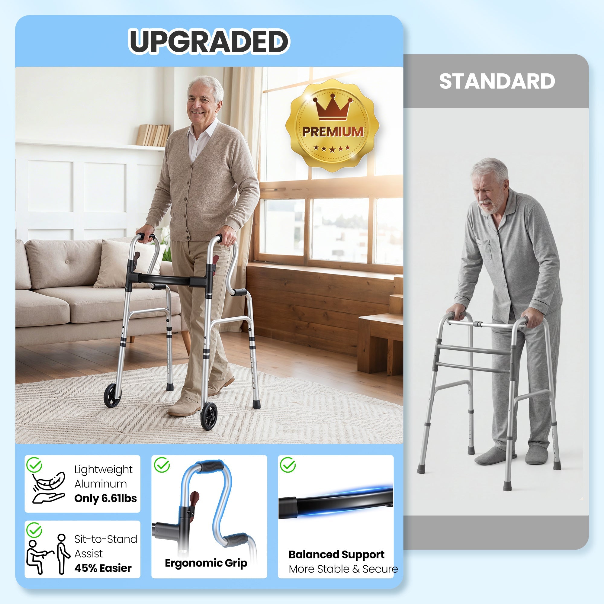 Naipo Narrow Folding Walker for Seniors 3 in 1 Folding Walker with 5 inches Front Wheels Width Adjustable Compact Standard Walker Support Up to 300lbs - NAIPO