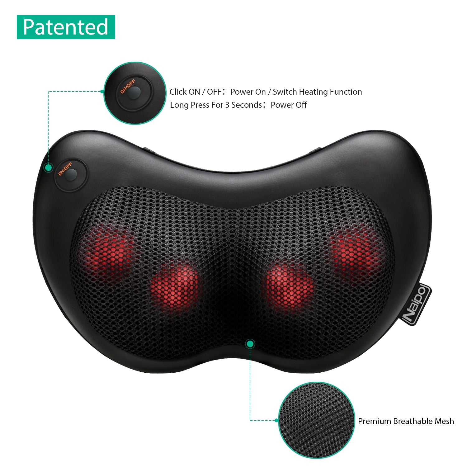 Naipo Neck & Back Massage Pillow with Heat Shiatsu Deep Kneading Massager - NAIPO