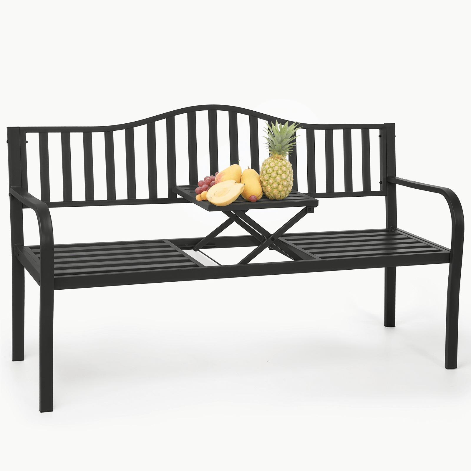 Naipo Outdoor Metal Garden Bench 59" Patio Bench with Built in Table Park Bench, Outside Bench Weather Proof Front Porch Bench, 500lbs - NAIPO