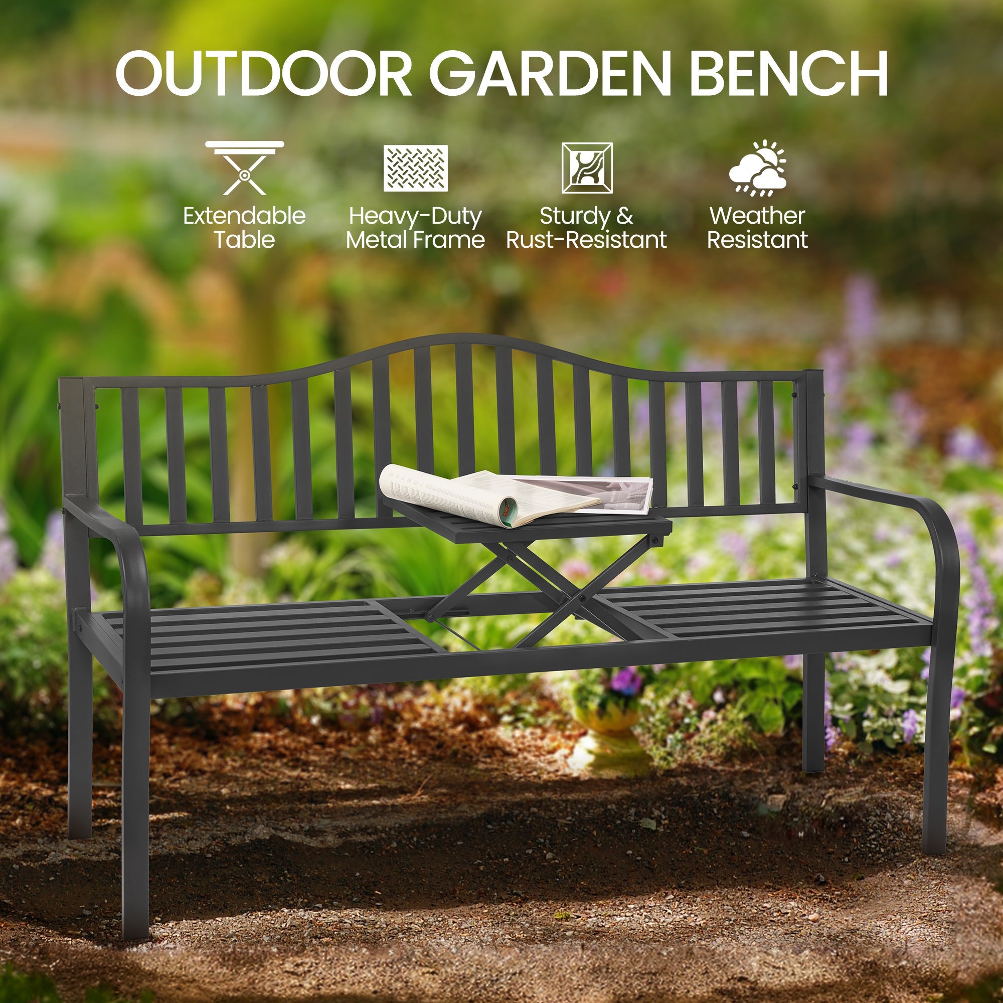 Naipo Outdoor Metal Garden Bench 59" Patio Bench with Built in Table Park Bench, Outside Bench Weather Proof Front Porch Bench, 500lbs - NAIPO