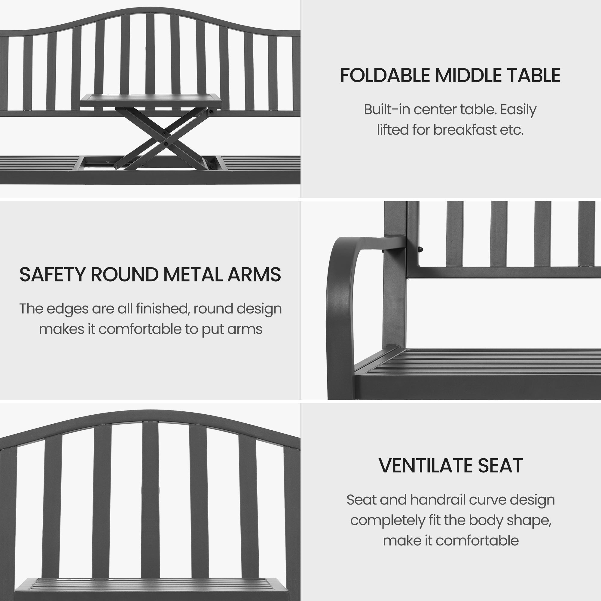 Naipo Outdoor Metal Garden Bench 59" Patio Bench with Built in Table Park Bench, Outside Bench Weather Proof Front Porch Bench, 500lbs - NAIPO