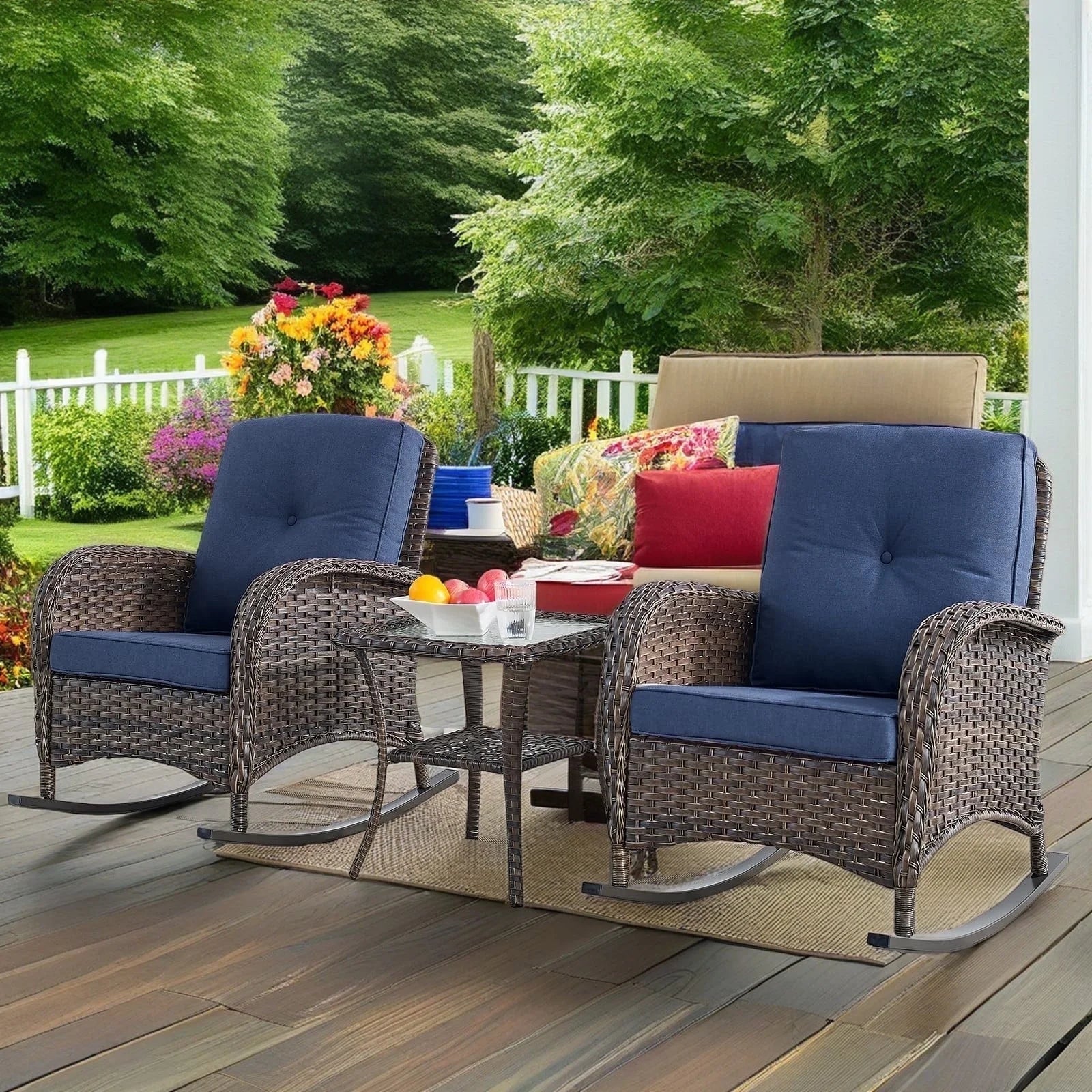 Naipo Outdoor Rocking Chairs 3 Pieces Patio Furniture Rocking Set Set of 2 Wicker Rocker Chairs for Porch,Rattan Side Table, Blue - NAIPO