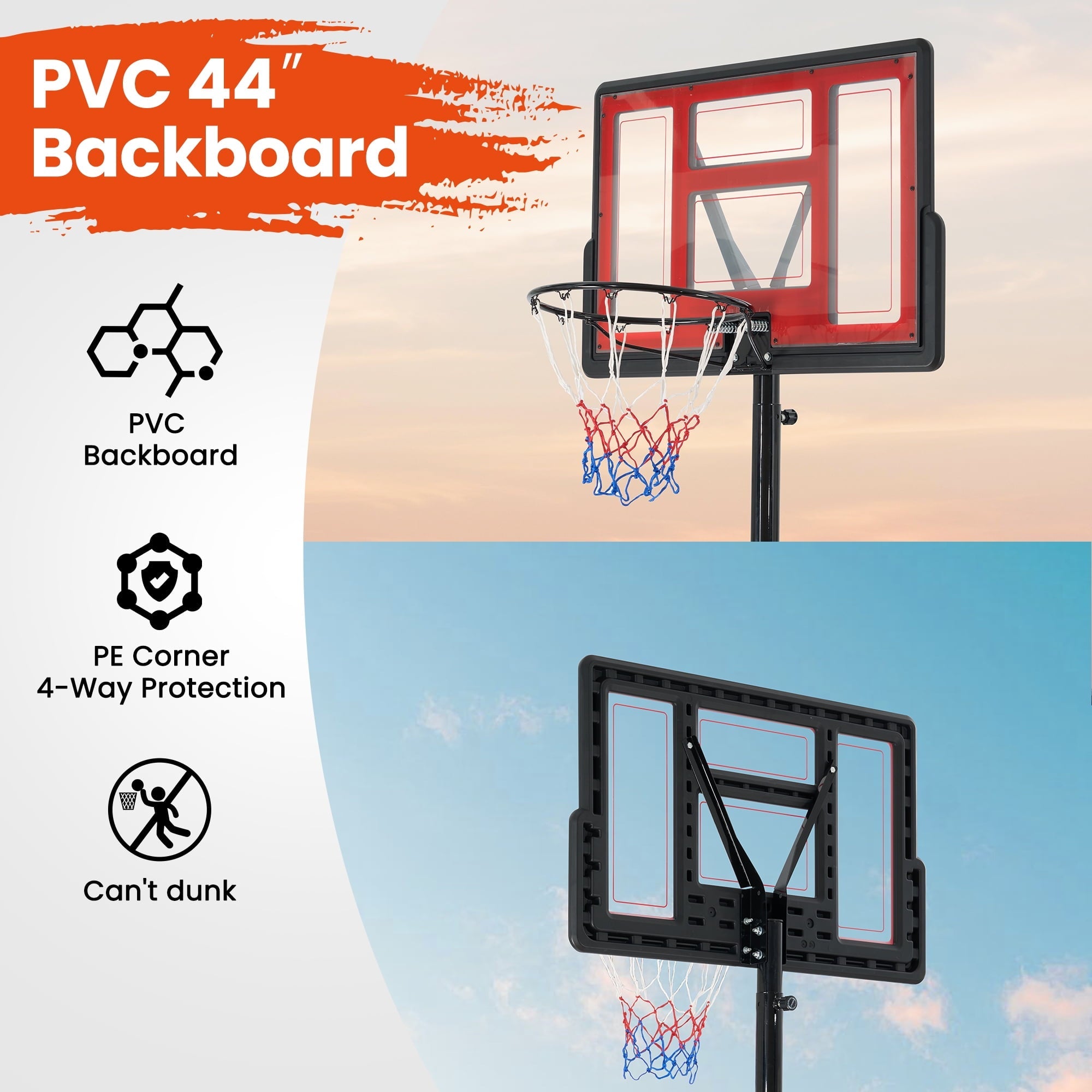 Naipo Portable Basketball Goal Basketball Hoop 44 Inch Outdoor Basketball Hoops Backboard with 7 .5 to 10 ft Adjustable Indoor - NAIPO