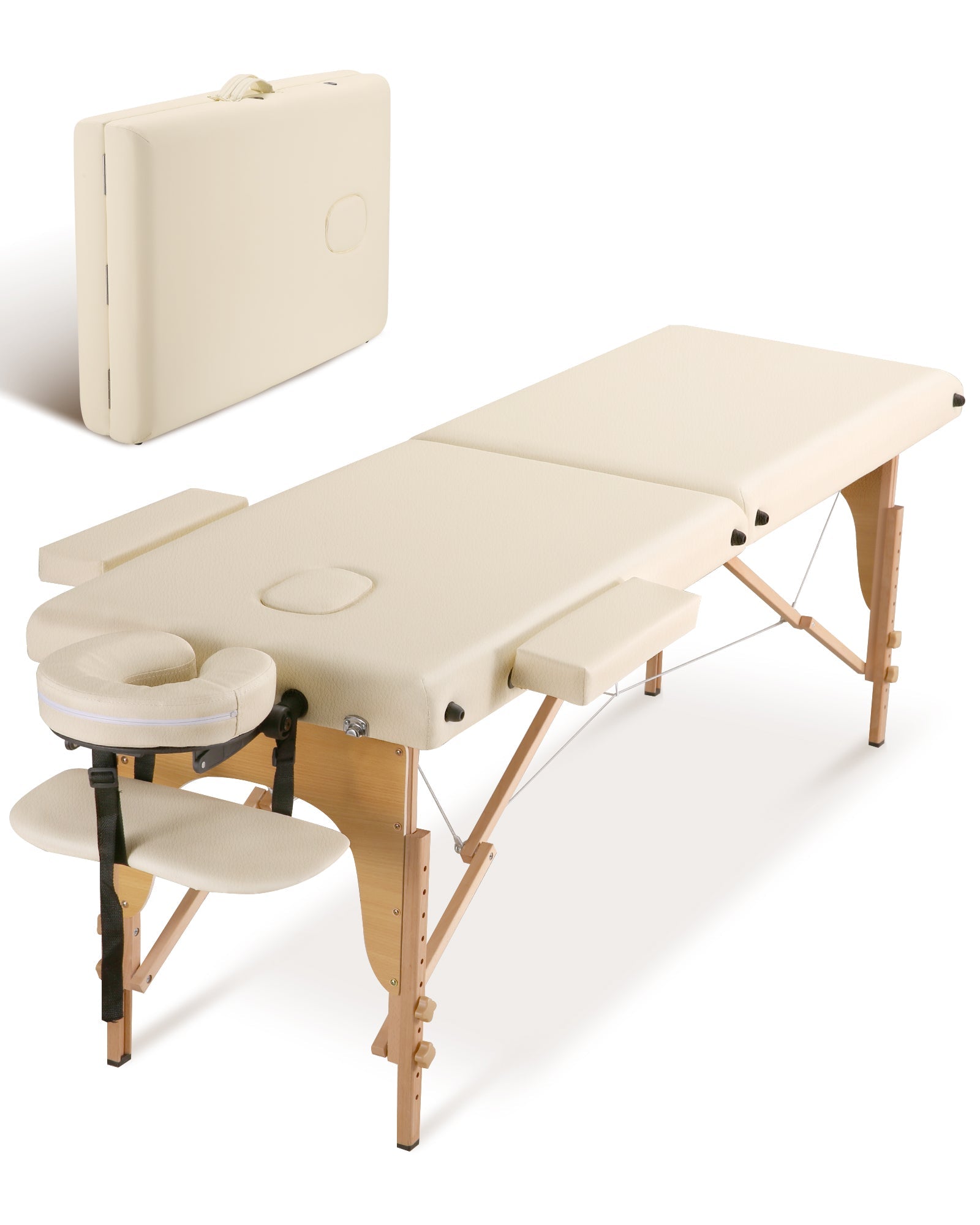 Naipo Portable Massage Table Professional Massage Bed Lash Bed Facial Bed SPA Bed Treatment Table 2 Fold Wood Height Adjustable with Carrying Bag (Cream) - NAIPO