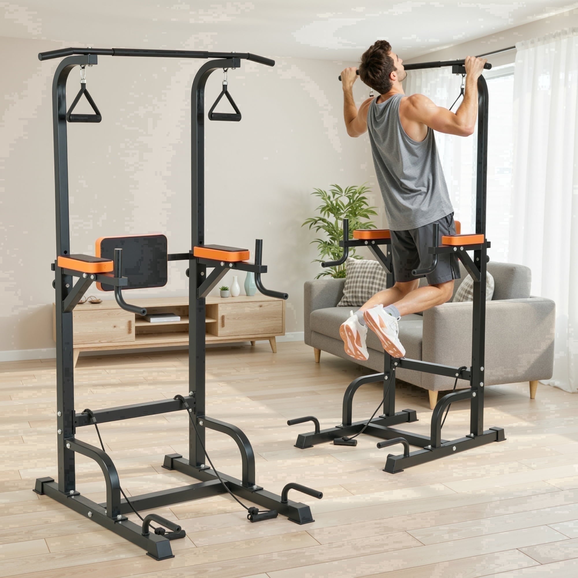 Naipo Power Tower for Home Gym 450LBS 6 Height Levels Adjustable Pull Up Bar Multifunctional Pull Up Dip Station Compact Full Body Workout Equipment - NAIPO