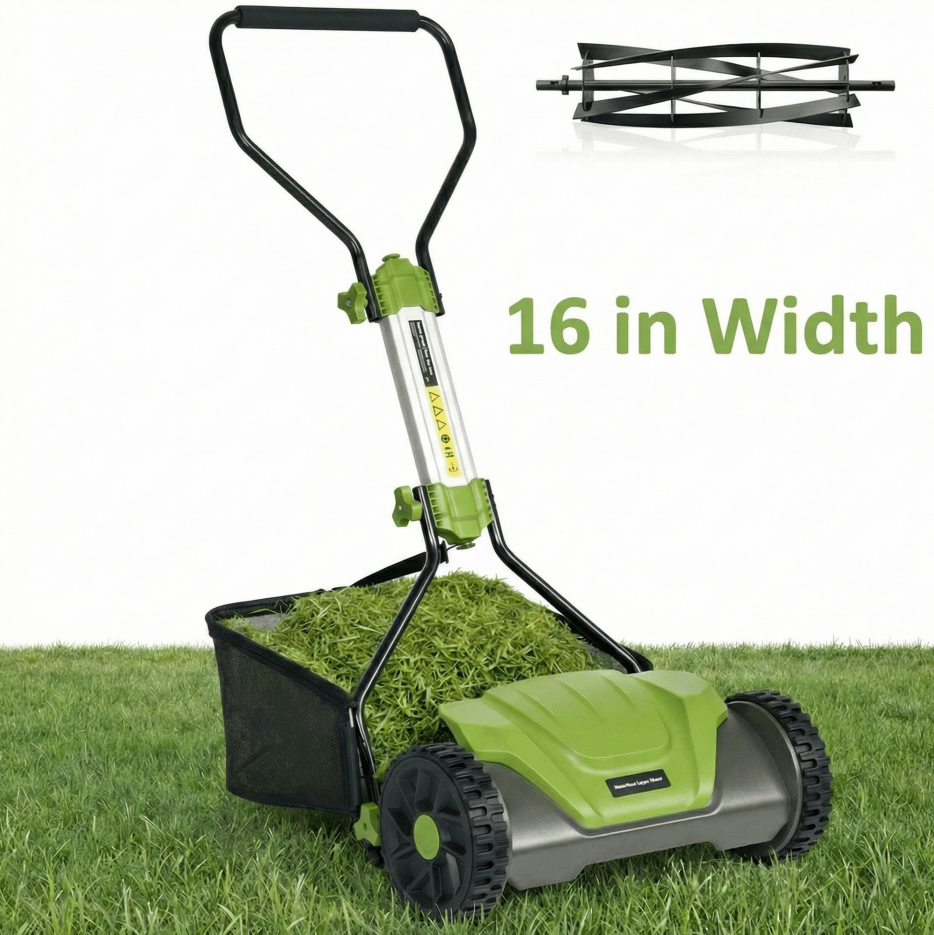 Naipo Push Reel Lawn Mower, 16-in 5-Blade for 6 Height Adjustable(0.6~1.6) Manual Lawn Mower with 8-Gallon Grass Bag, for Small Lawns, Green - NAIPO