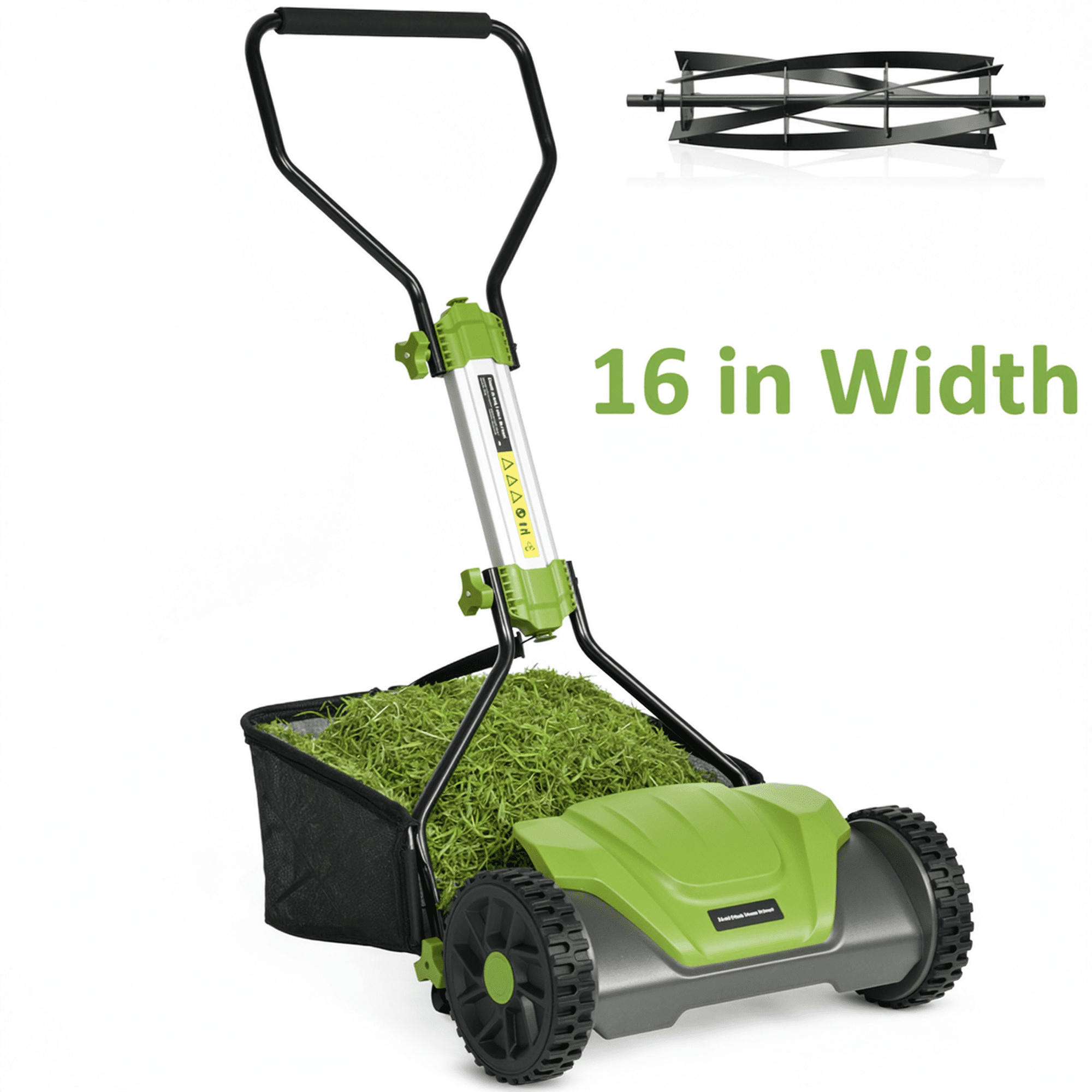 Naipo Push Reel Lawn Mower, 16 - in 5 - Blade for 6 Height Adjustable(0.6~1.6) Manual Lawn Mower with 8 - Gallon Grass Bag, for Small Lawns, Green - NAIPO