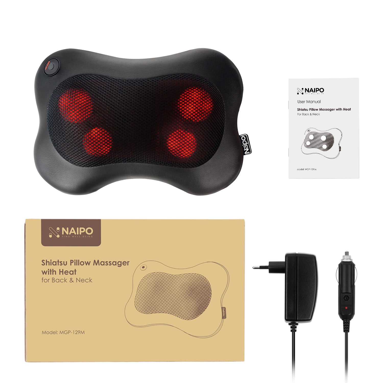 Naipo Shiatsu Pillow Massager MGP - 129M with Heat for Back and Neck (Leather Cover) - NAIPO