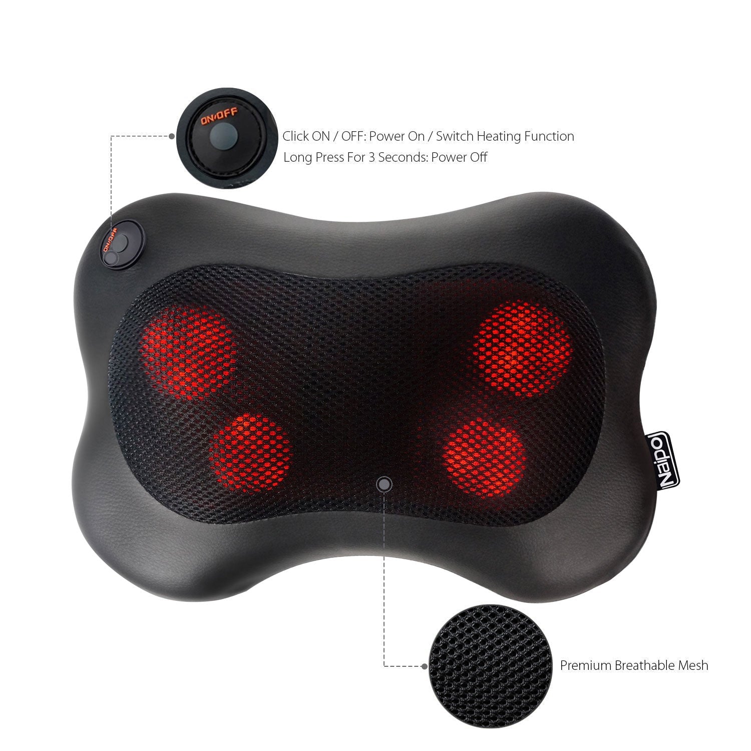 Naipo Shiatsu Pillow Massager MGP - 129M with Heat for Back and Neck (Leather Cover) - NAIPO