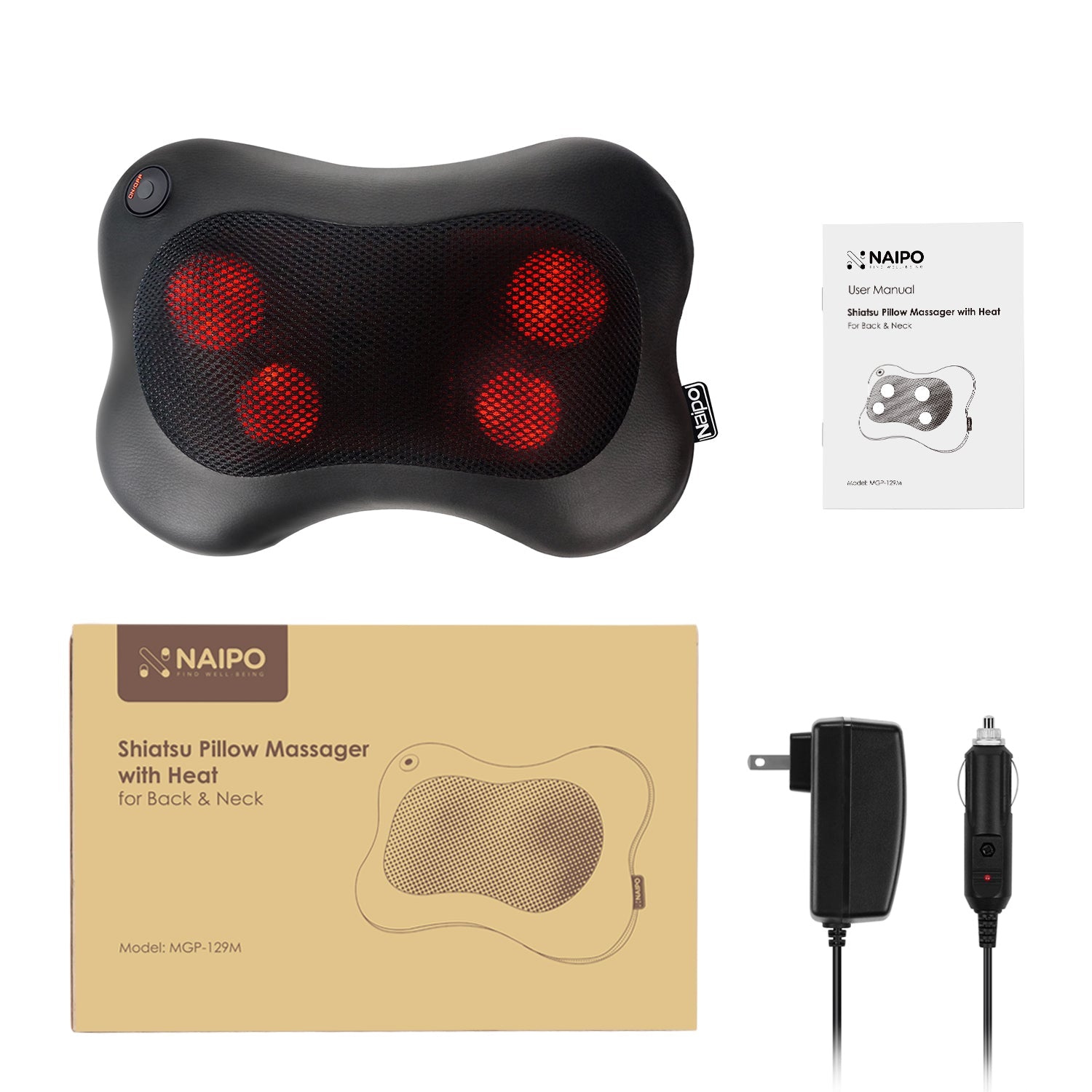 Naipo Shiatsu Pillow Massager MGP - 129M with Heat for Back and Neck (Leather Cover) - NAIPO