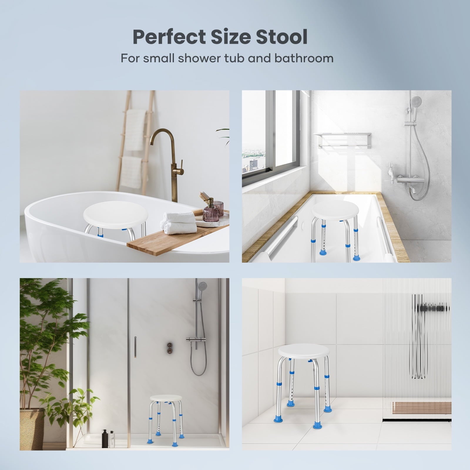 Naipo Shower Chair Bathtub Stool Seat w/ Anti-Slip Rubber, Adjustable Lightweight for Seniors, Disabled, Handicap, Tool-Free Assembly, Blue - NAIPO