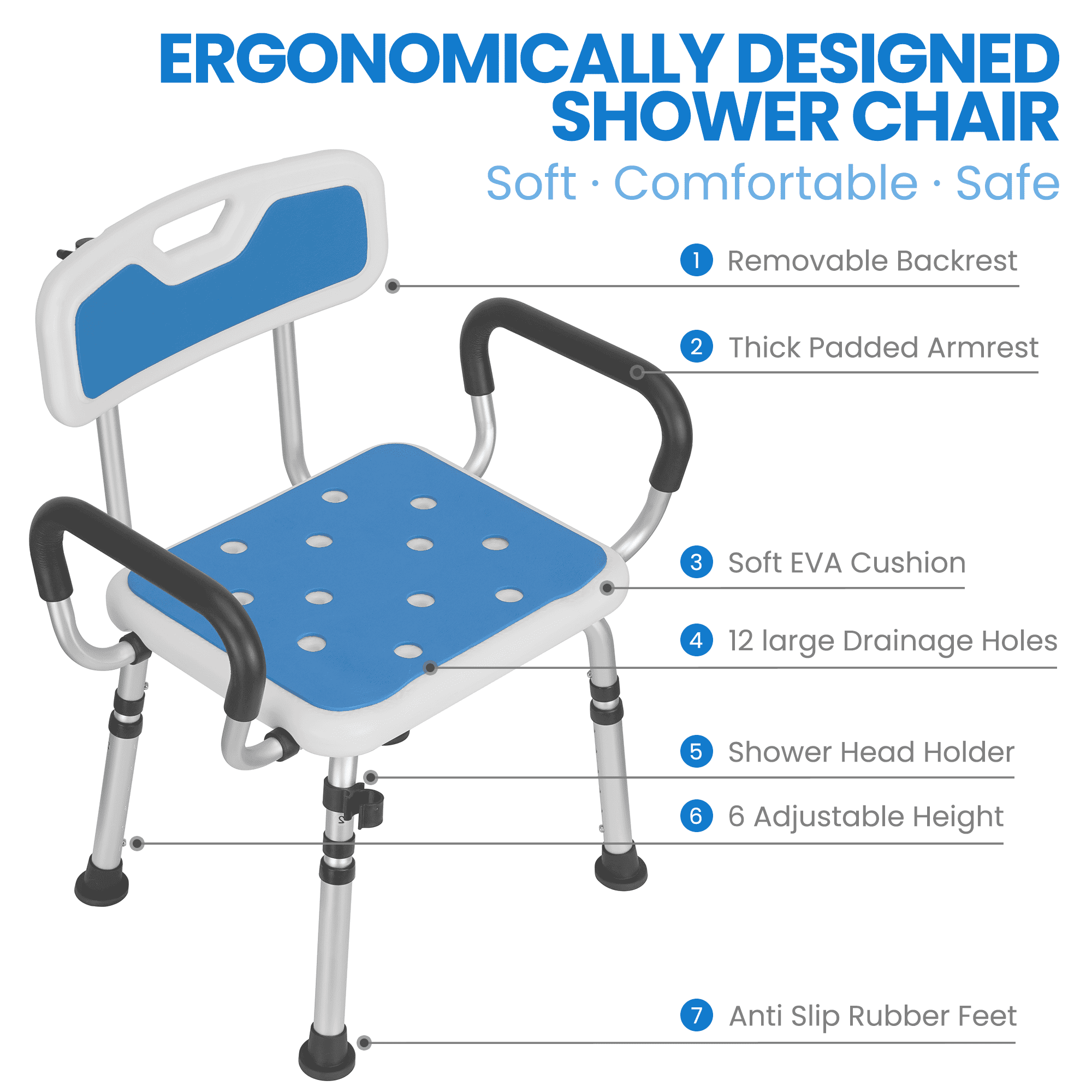 Naipo Shower Chair with Back and EVA Pads, Heavy Duty Safety Bath Stool Height Adjustable Transfer, 350lbs. Capacity, Blue - NAIPO