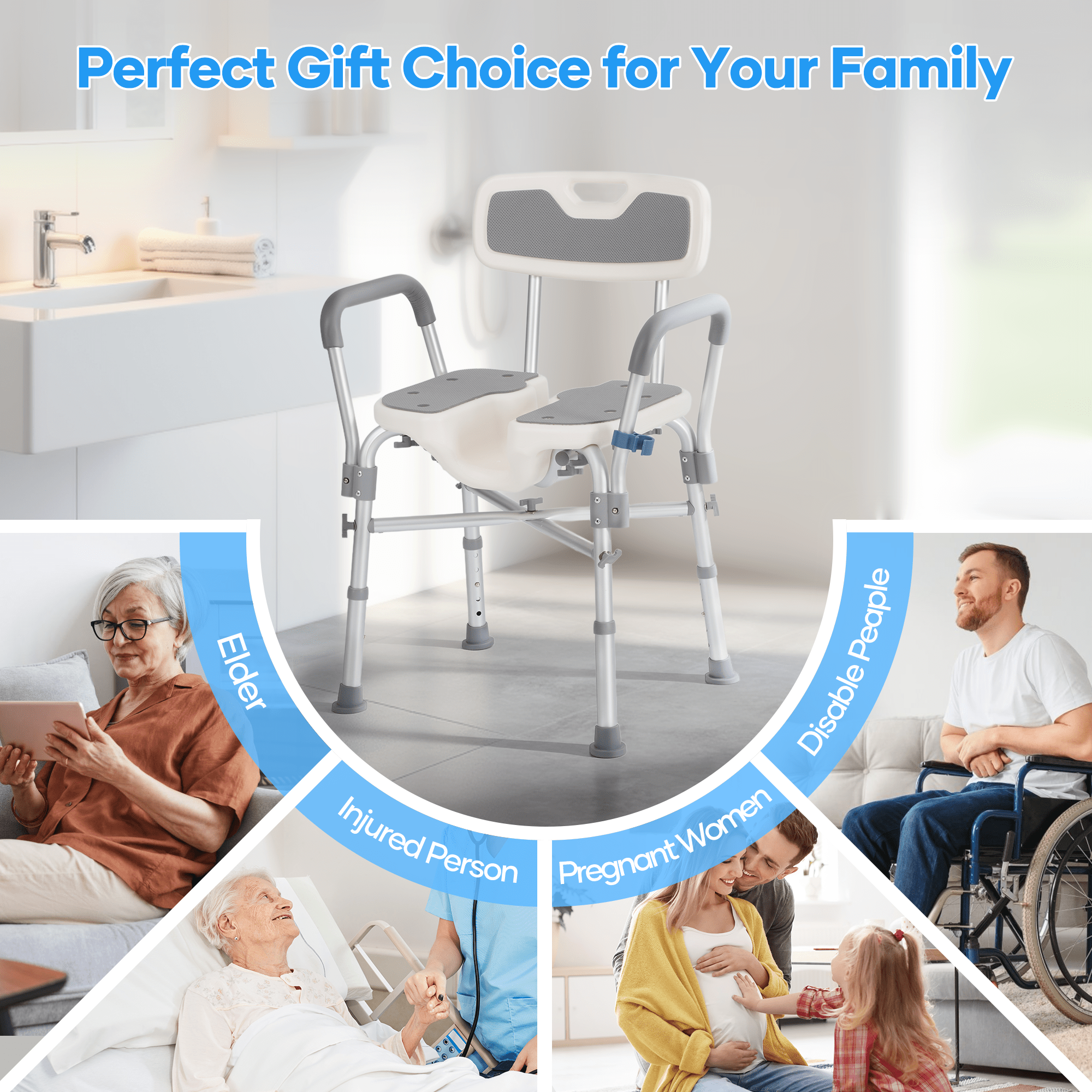 Naipo Shower Chair with Back & Armrests,600lbs Height Adjustable Bath Seat for Inside Shower,Bath Stool Safety Shower Bench with Reinforced Crossing Bar for Elderly,Handicap - NAIPO