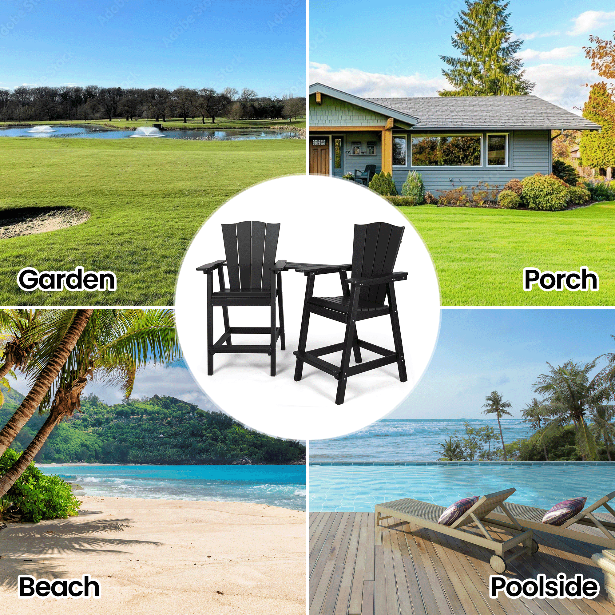 Naipo Tall Adirondack Chairs Set of 2 Outdoor Modern Bar Stool Height Adirondack Patio Chairs with Removable Connecting for Tray Pool Yard Lawn 2Pcs Black - NAIPO