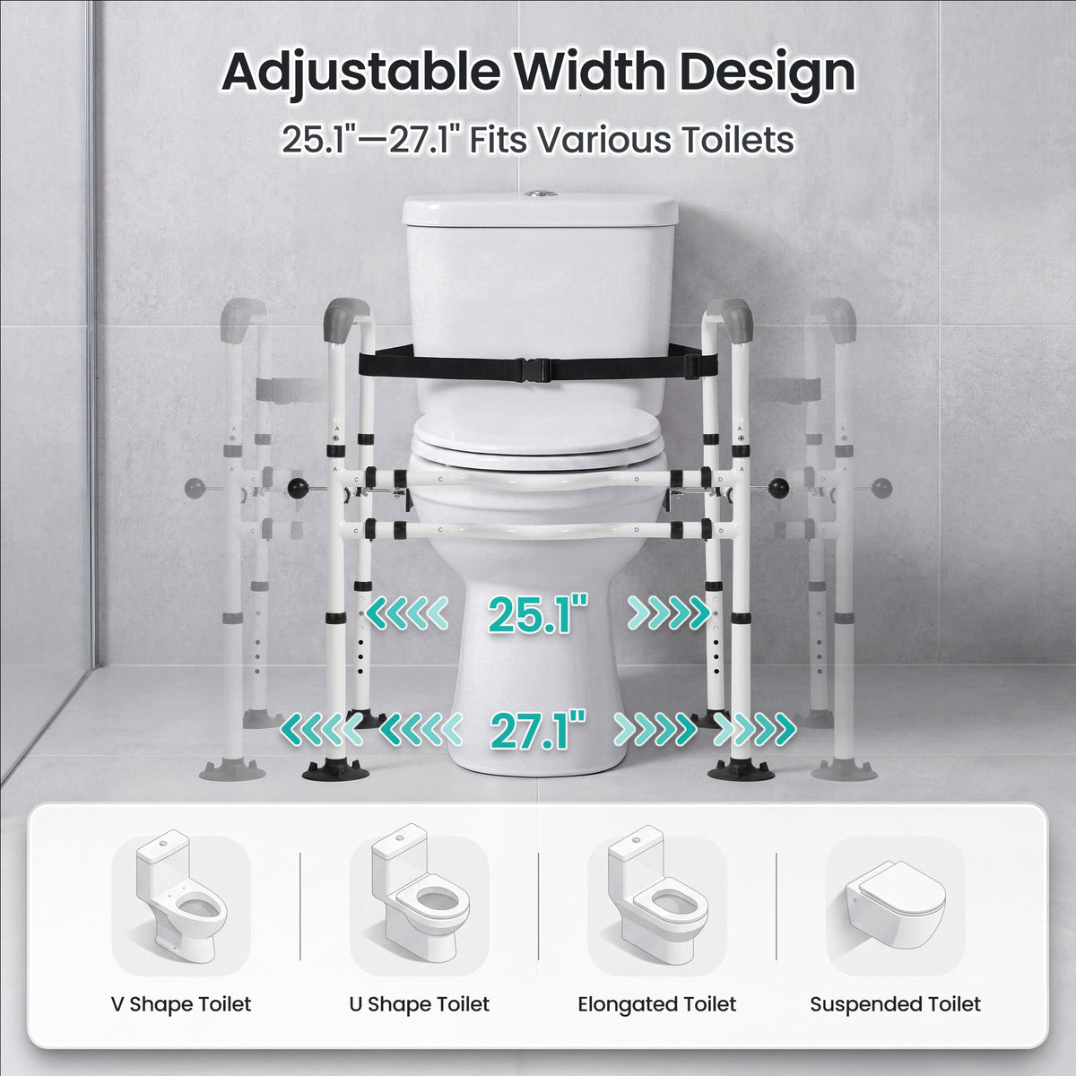 Naipo Toilet Safety Rail for Seniors, Adjustable Height and Width, Non-Slip Handles, Suction Cup Feet with Secure Strap, Supports up to 330 lbs - NAIPO