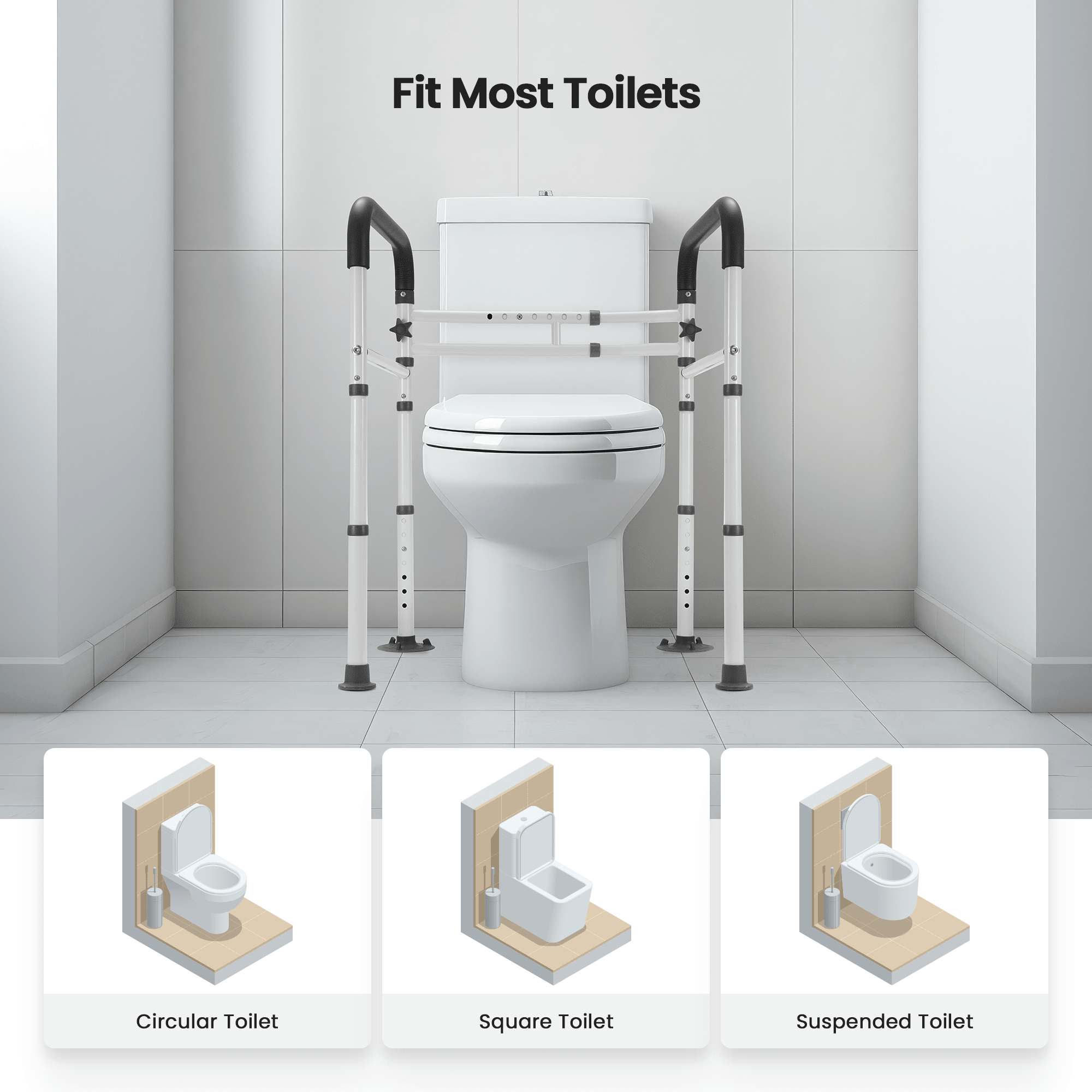 Naipo Toilet Safety Rails Frame with Handles for Seniors & Disabled, Adjustable Aluminium Supports up to 300Lbs, Fits Most Toilets - NAIPO