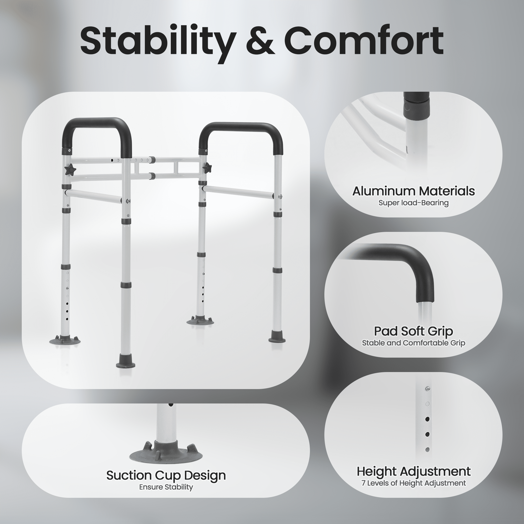 Naipo Toilet Safety Rails Frame with Handles for Seniors & Disabled, Adjustable Aluminium Supports up to 300Lbs, Fits Most Toilets - NAIPO