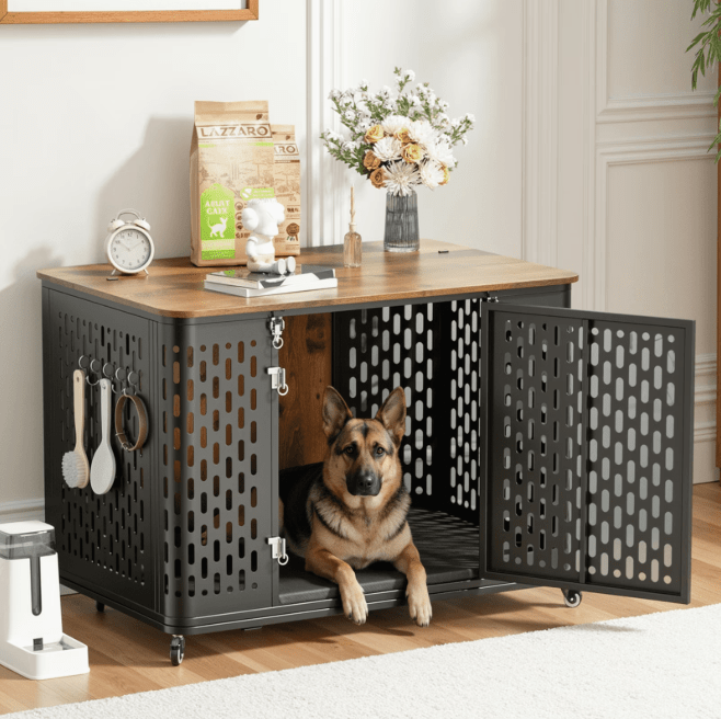 Naipo XL Heavy Duty Dog Crate Furniture, 43.7" Large Metal Dog Kennel, Chew Proof Prevent Escape for High Anxiety Dogs, Indoor Indestructible Dog Kennel, Rustic Brown - NAIPO