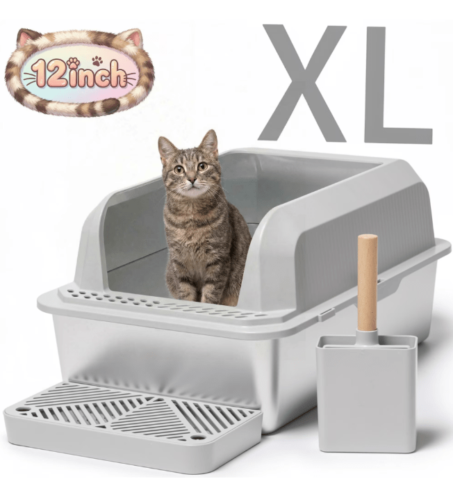 Naipo XL Stainless Steel Cat Litter Box with High Wall Side, 23.5"×15.5"×12", XL Litter Box for Small/Big/Multi Cats, with Scoop and Footboard, Gray - NAIPO