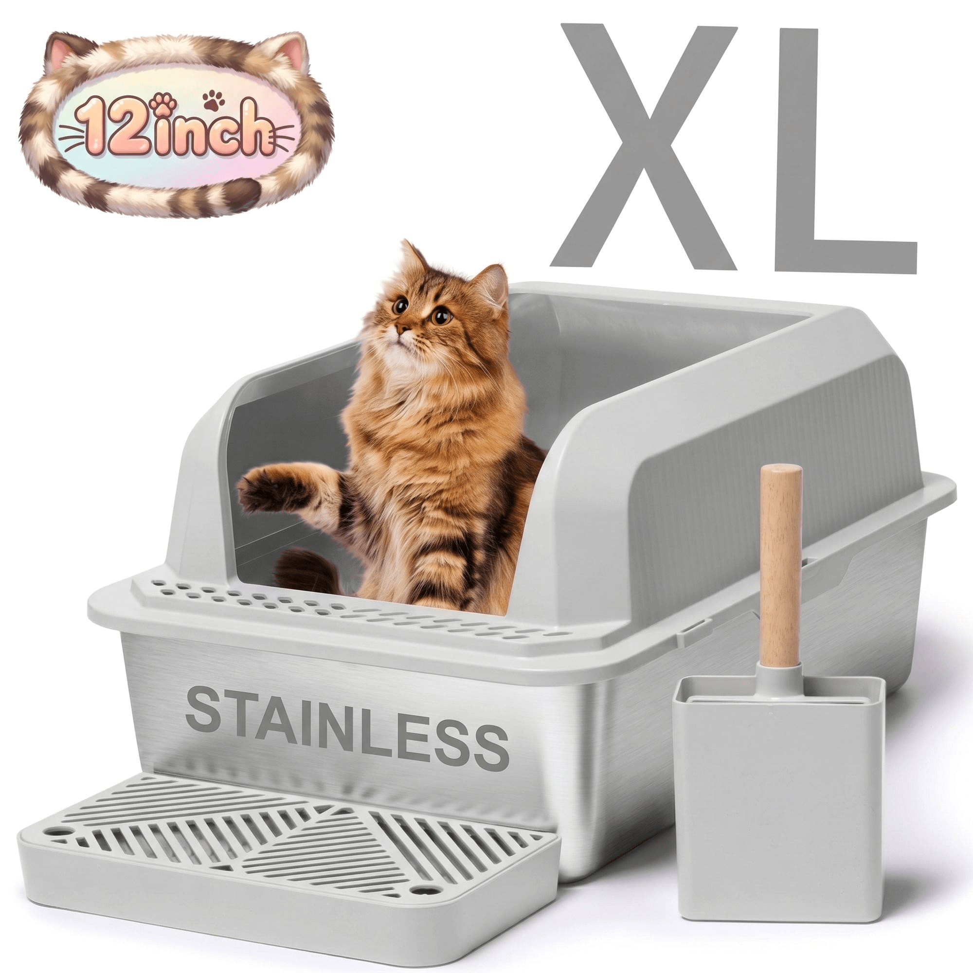Naipo XL Stainless Steel Cat Litter Box with High Wall Side, 23.5"×15.5"×12", XL Litter Box for Small/Big/Multi Cats, with Scoop and Footboard, Gray - NAIPO