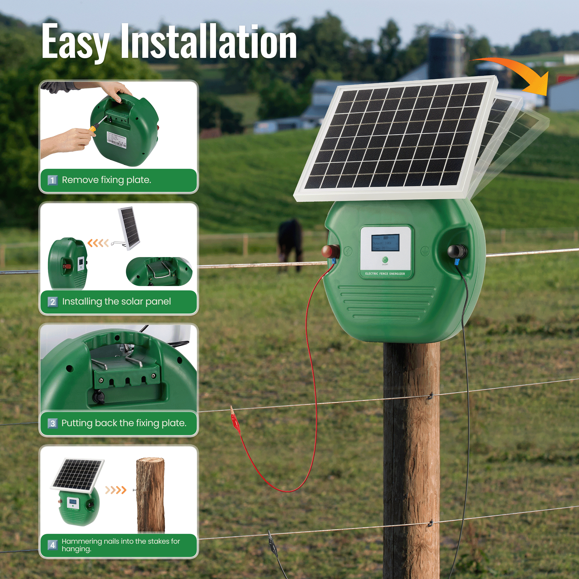 Solar Electric Fence Energizer with 6 Miles Range 0.15 Joule Livestock Fence Charger with 10 W Solar Panel for Livestock Pet Poultry Gardens - NAIPO