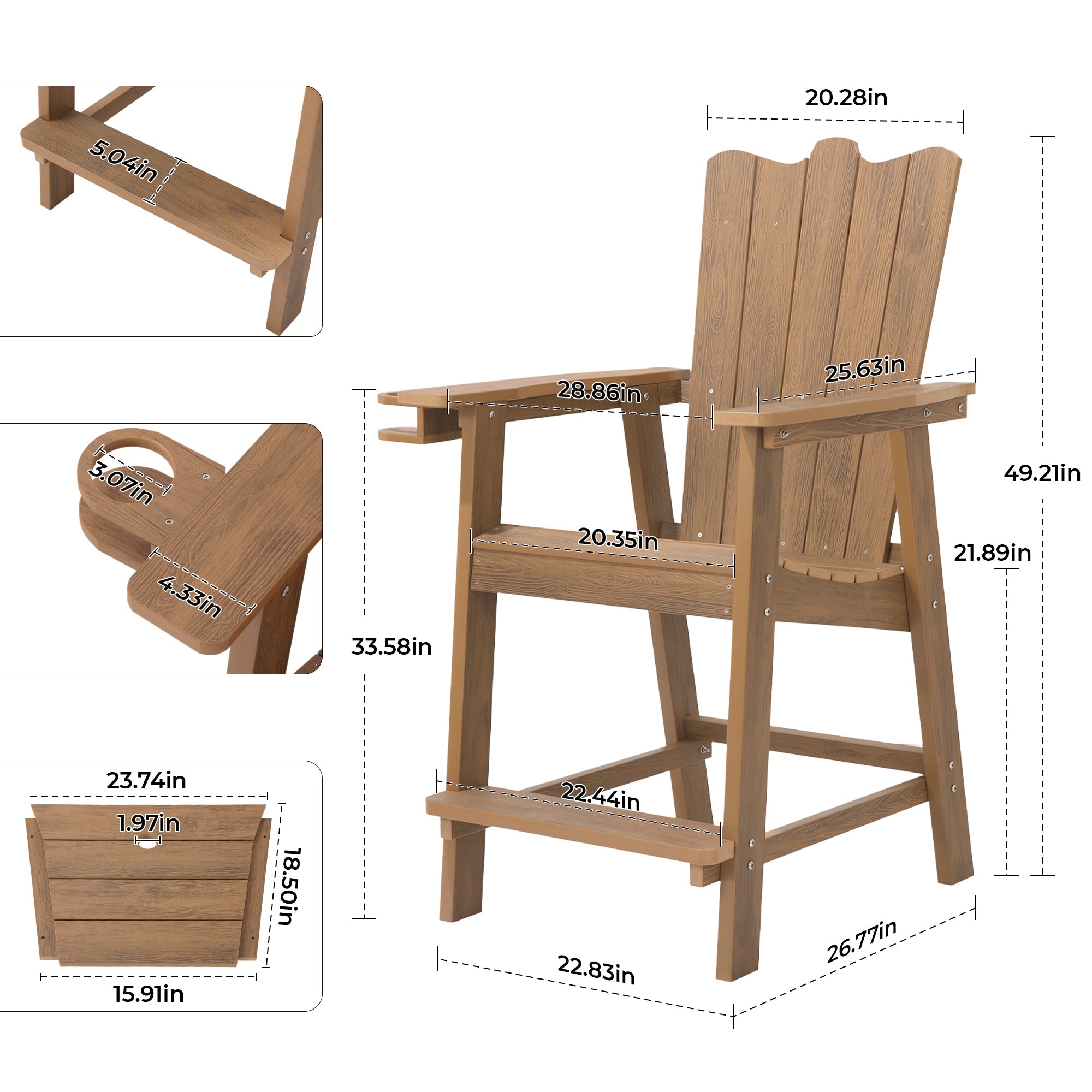 Tall Adirondack Chair Set of 2, HDPS Outdoor Adirondack Barstools with Double Connecting Tray Patio Stools Weather Resistant for Outdoor Deck Lawn Pool Backyard - NAIPO