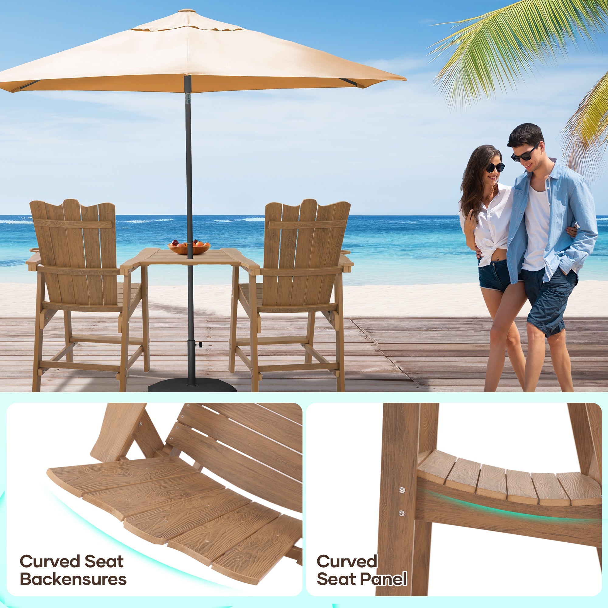 Tall Adirondack Chair Set of 2, HDPS Outdoor Adirondack Barstools with Double Connecting Tray Patio Stools Weather Resistant for Outdoor Deck Lawn Pool Backyard - NAIPO