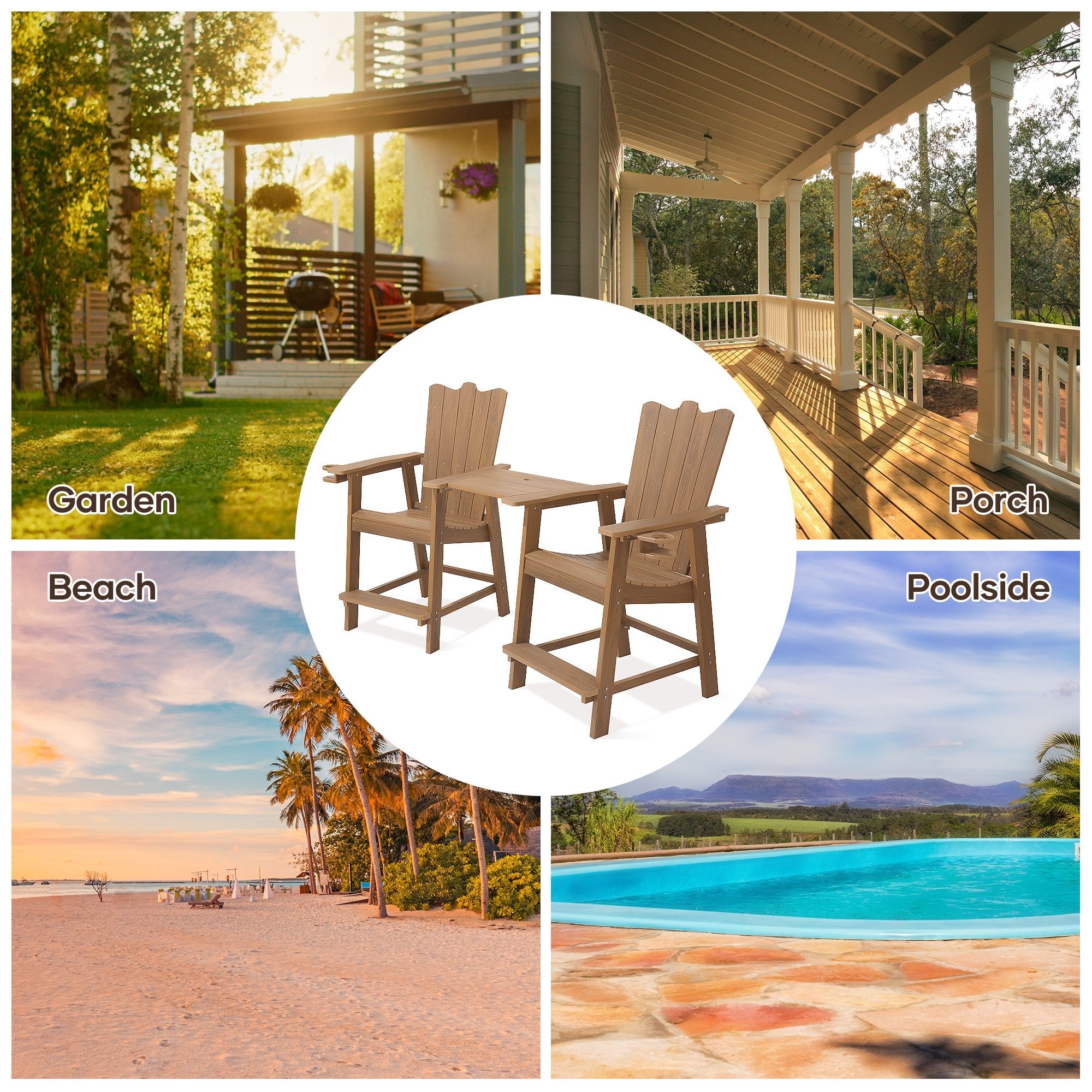 Tall Adirondack Chair Set of 2, HDPS Outdoor Adirondack Barstools with Double Connecting Tray Patio Stools Weather Resistant for Outdoor Deck Lawn Pool Backyard - NAIPO