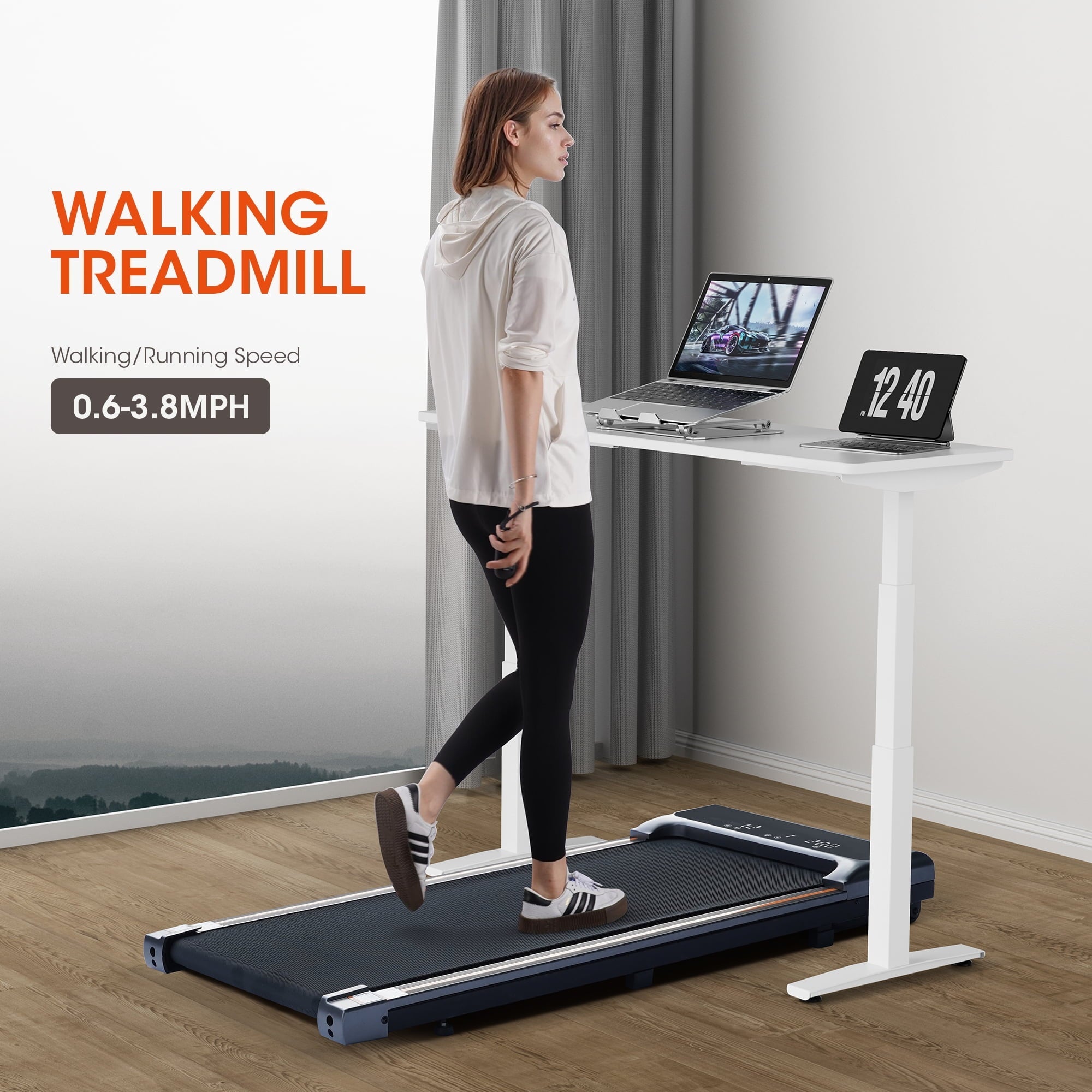 Walking Pad Under Desk Treadmill with Remote Control Lightweight 2 in 1 Exercise Treadmill 0.6 to 3.8 Speed Range for Home Office Workout - NAIPO