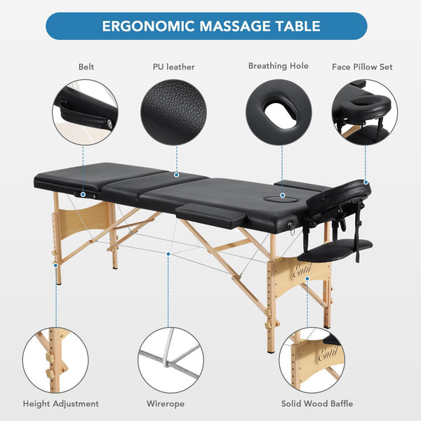 Entil Massage Table Spa Bed Portable 3 Sections Wooden Legs with Face Hole Carrying Bag - NAIPO