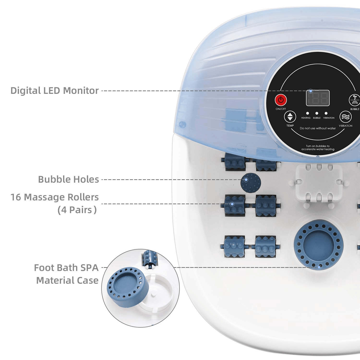 Foot Spa Bath Massager with Heat Bubbles Vibration 3 in 1 Function, 16 Masssage Rollers Soaker Digital Temperature Control Pedicure Tub Bath for Feet Home Use--Wholesale--US - NAIPO