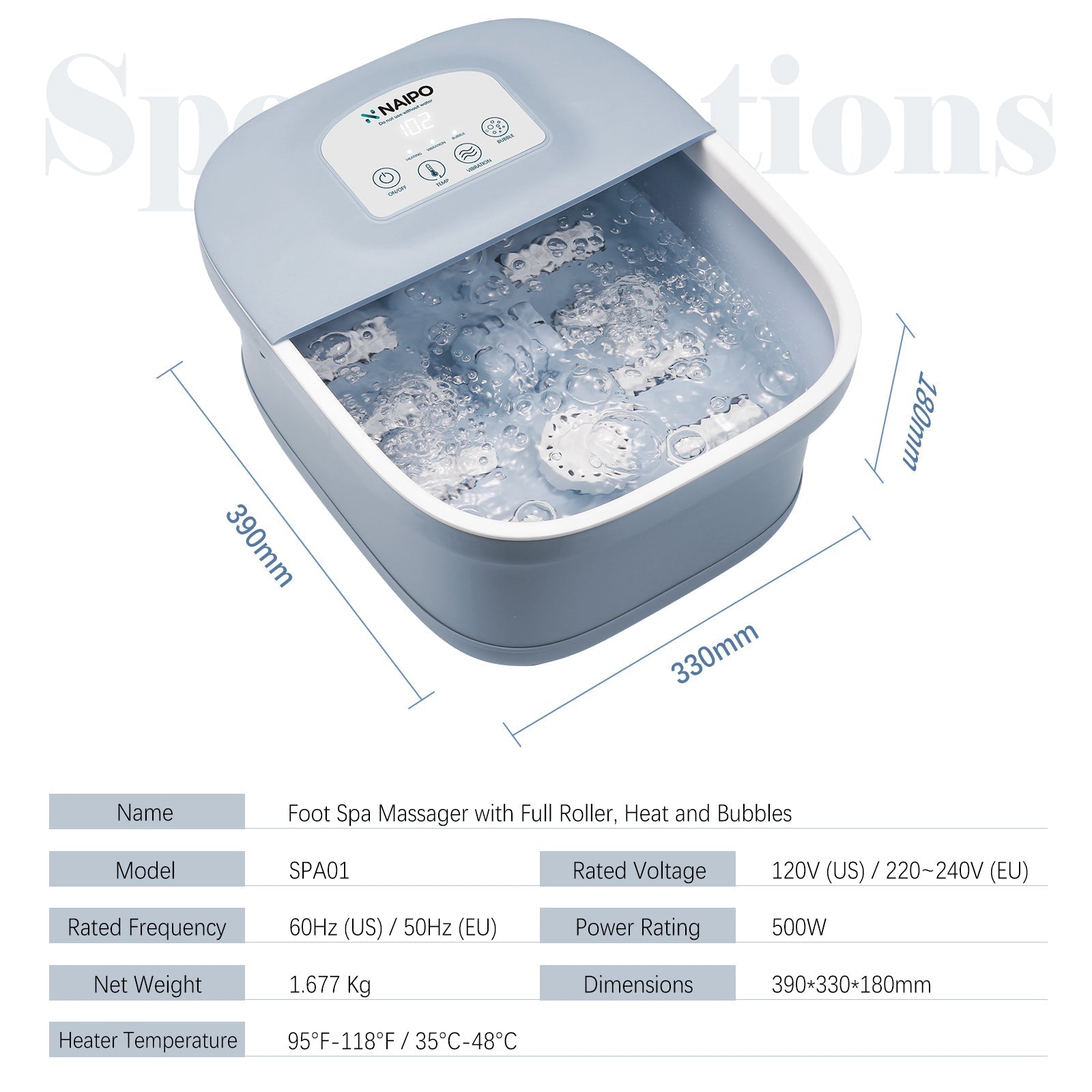 Foot Spa Bath Massager with Heat Bubbles Vibration 3 in 1 Function, 8 Masssage Rollers Soaker Digital Temperature Control Pedicure Tub Bath for Feet Home Use--FB20 - NAIPO