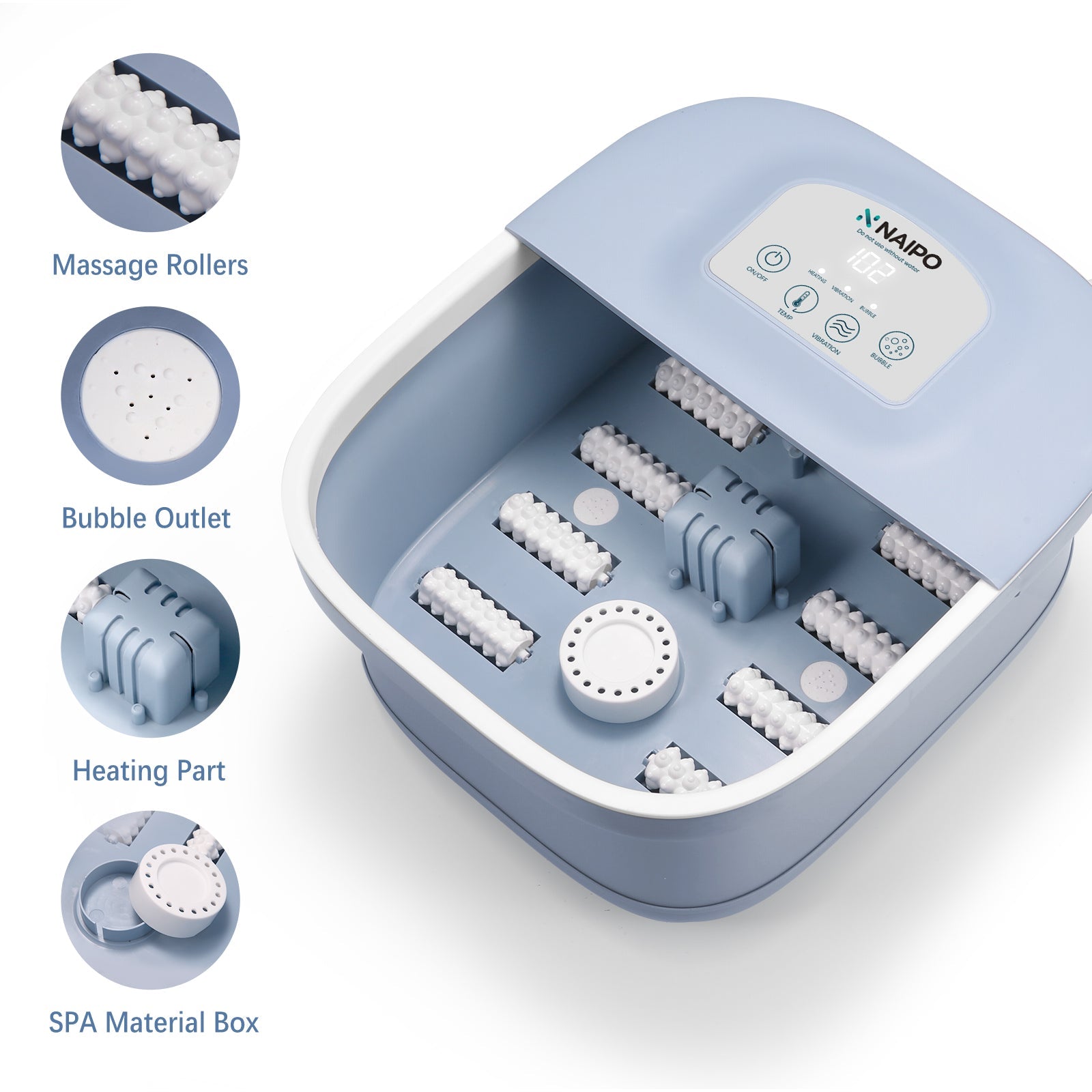 Foot Spa Bath Massager with Heat Bubbles Vibration 3 in 1 Function, 8 Masssage Rollers Soaker Digital Temperature Control Pedicure Tub Bath for Feet Home Use--FB20 - NAIPO