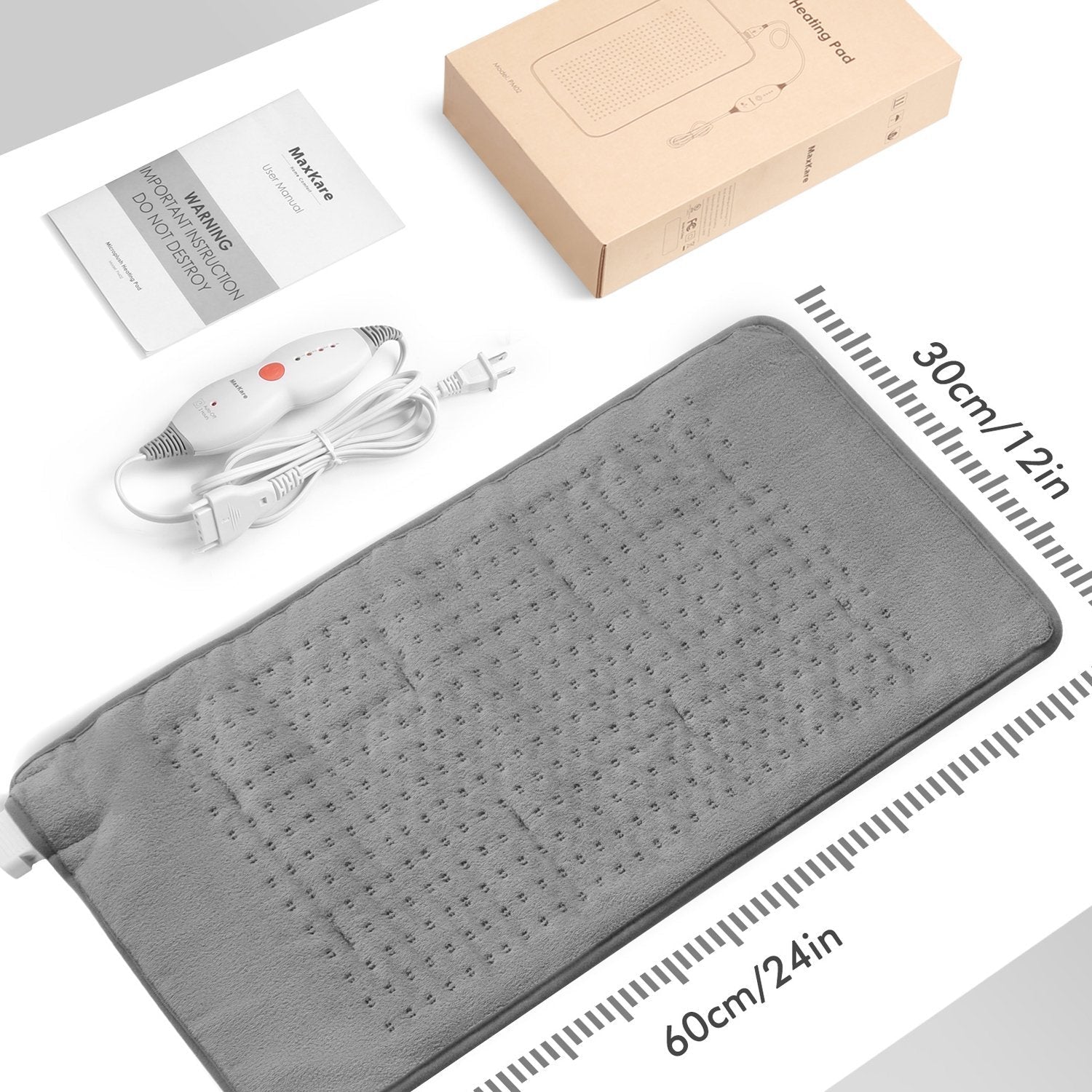 Large 12" x 24" Size Heating Pad with 3 Heat Settings and 2 Hour Auto shut off, Iron Grey--Wholesale--US - NAIPO