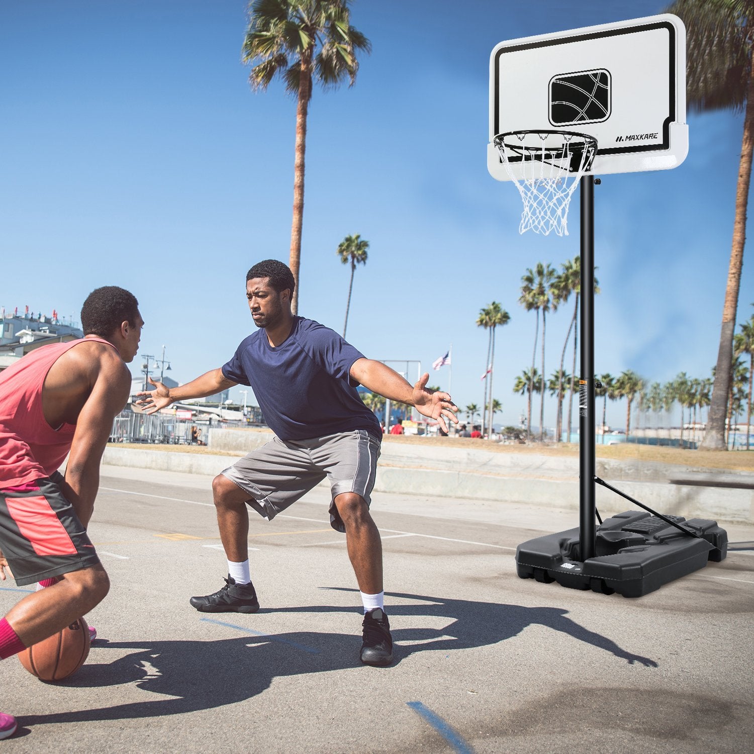 MaxKare Basketball Hoop Outdoor Portable Basketball Goals Adjustable Height 7ft 6in-10ft for Adults Teenagers, 44 Inch Premium Backboard + 2 Wheels + Strong Base - NAIPO
