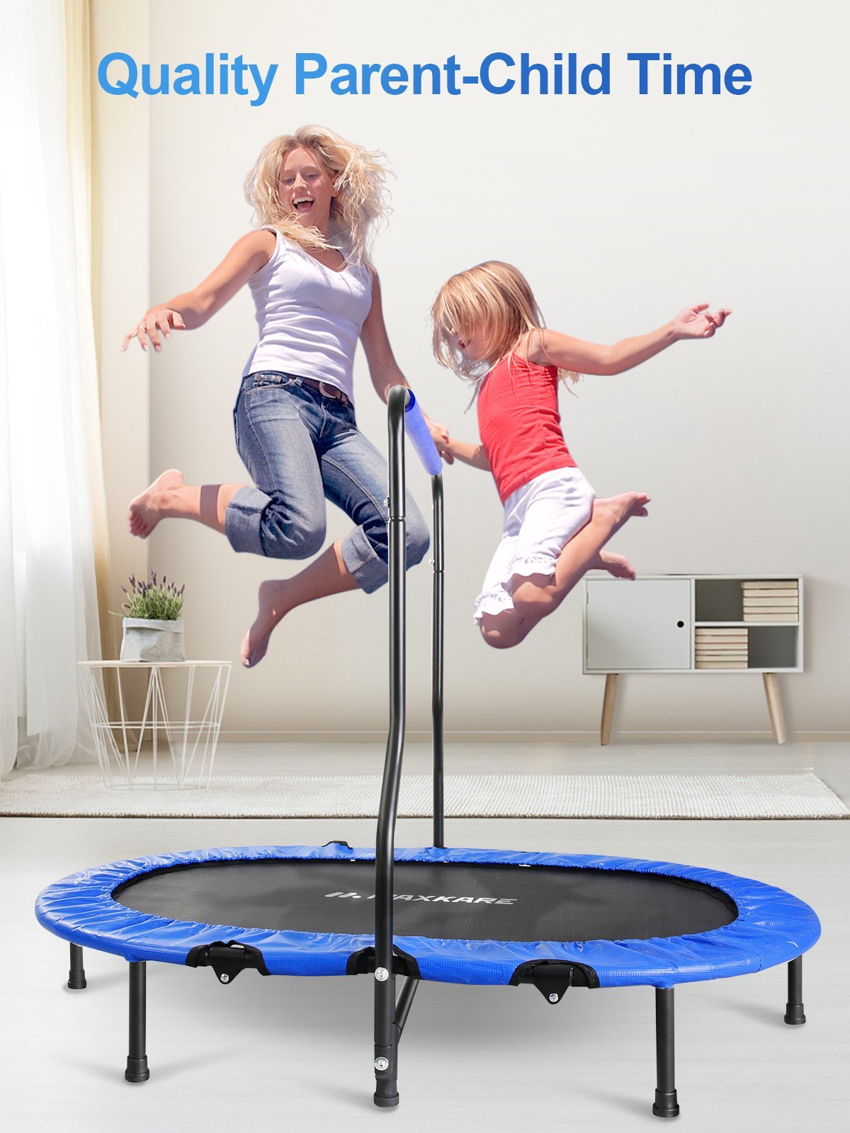 MaxKare Double Kids Trampoline- Mini Foldable Rebounder for Kids w. Adjustable & Detachable Handle - NAIPO