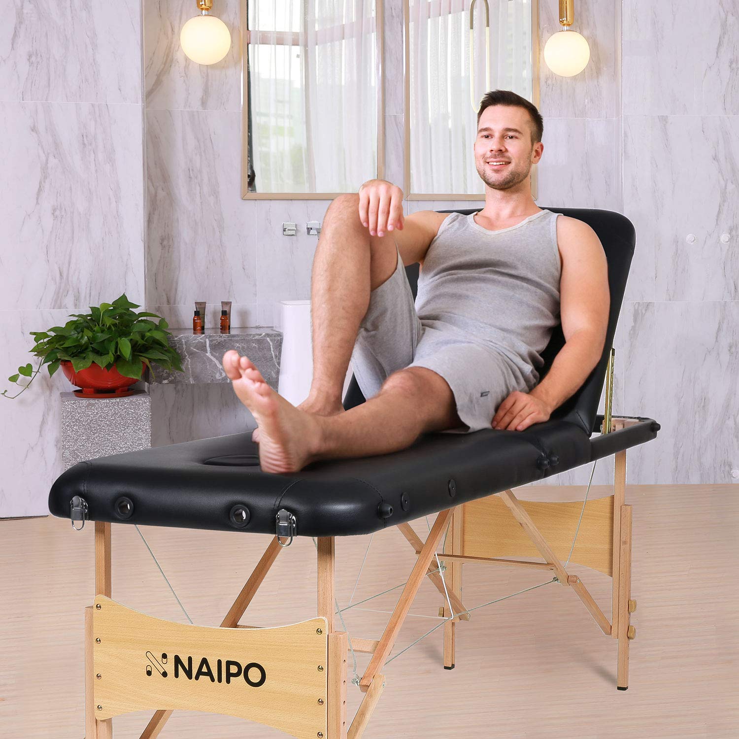 Naipo Portable Massage Table Professional Adjustable Folding Bed with 3 Sections Wooden Frame Ergonomic Headrest and Carrying Bag for Therapy Tattoo Salon Spa Facial Treatment - NAIPO