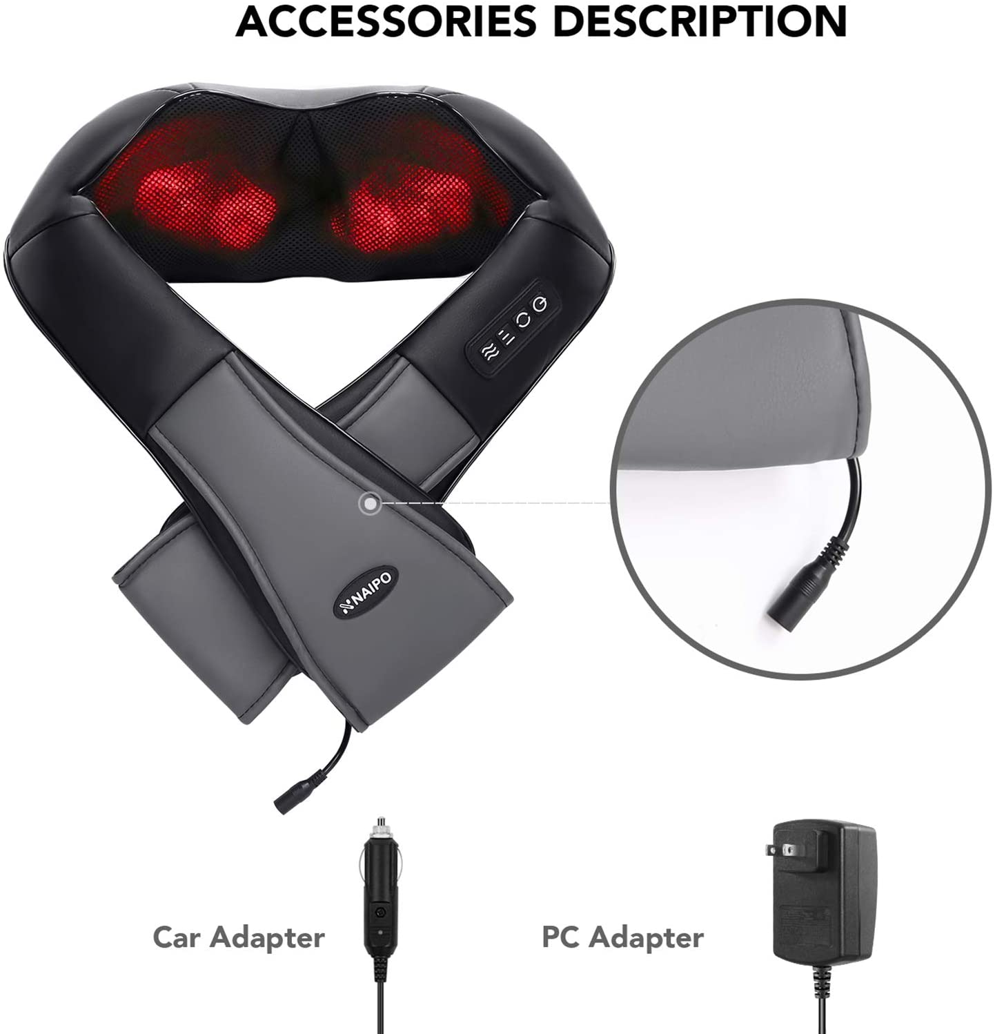 Naipo Shiatsu Back and Neck Massager with Heat 3D Deep Kneading Massage for Back, Shoulders, Foot, and Legs (Gray)--Wholesale--US - NAIPO