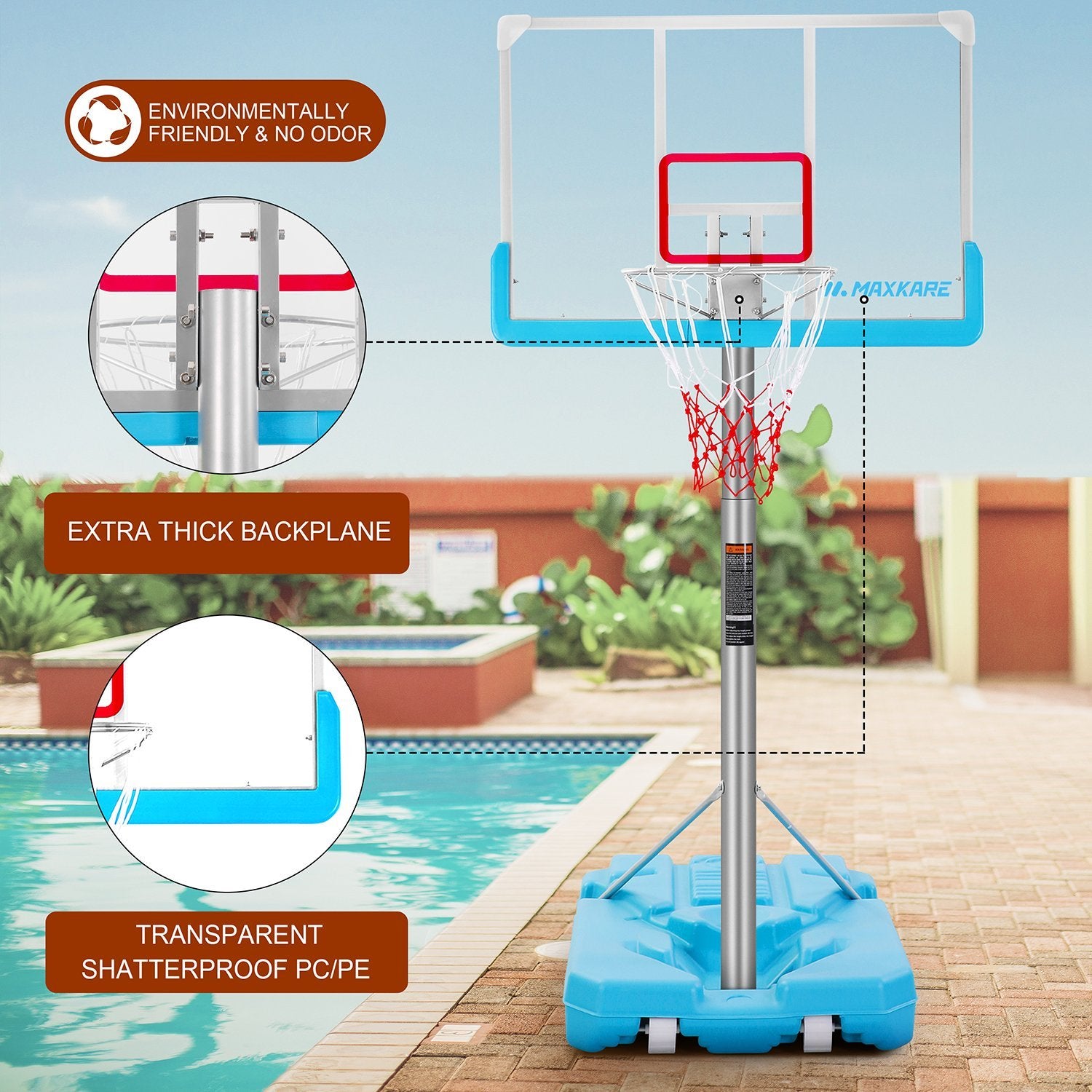 Poolside Basketball Hoop System Portable Swimming Pool Basketball Goal Set Game Stand Adjustable Height 47’’-79’’ Outdoor Indoor For Kid Adult W PVC Shatterproof Backboard Aluminum Alloy Anti-Rust Basketball Rim Net Turquoise - NAIPO