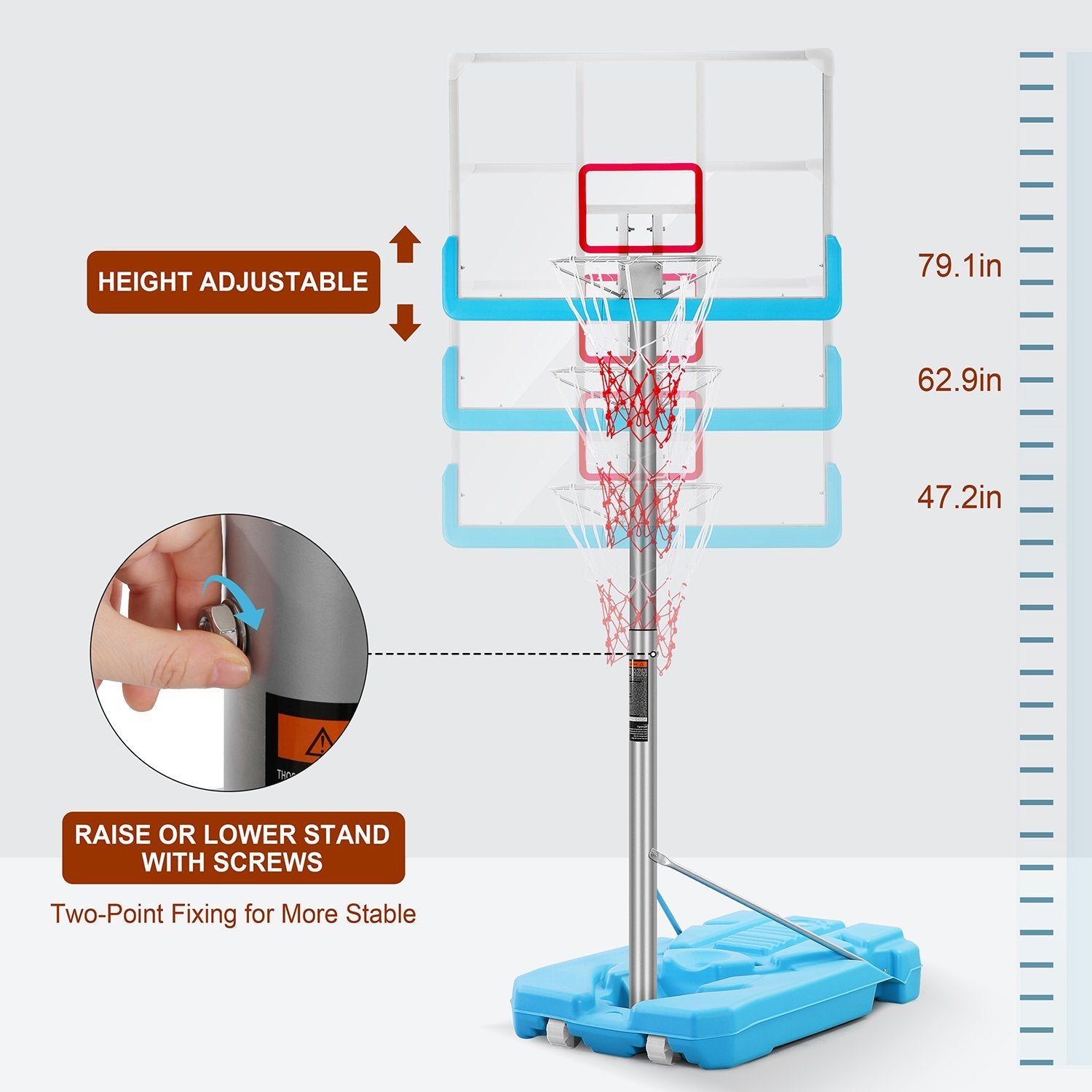 Poolside Basketball Hoop System Portable Swimming Pool Basketball Goal Set Game Stand Adjustable Height 47’’-79’’ Outdoor Indoor For Kid Adult W PVC Shatterproof Backboard Aluminum Alloy Anti-Rust Basketball Rim Net Turquoise - NAIPO