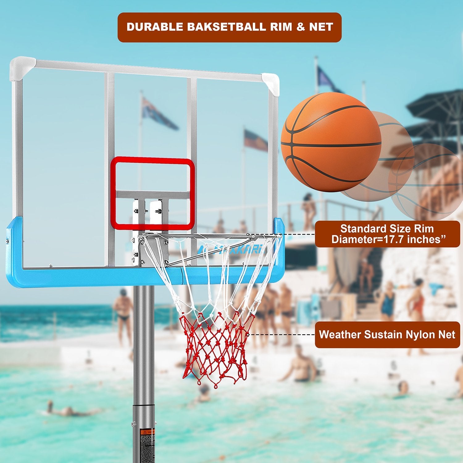 Poolside Basketball Hoop System Portable Swimming Pool Basketball Goal Set Game Stand Adjustable Height 47’’-79’’ Outdoor Indoor For Kid Adult W PVC Shatterproof Backboard Aluminum Alloy Anti-Rust Basketball Rim Net Turquoise - NAIPO